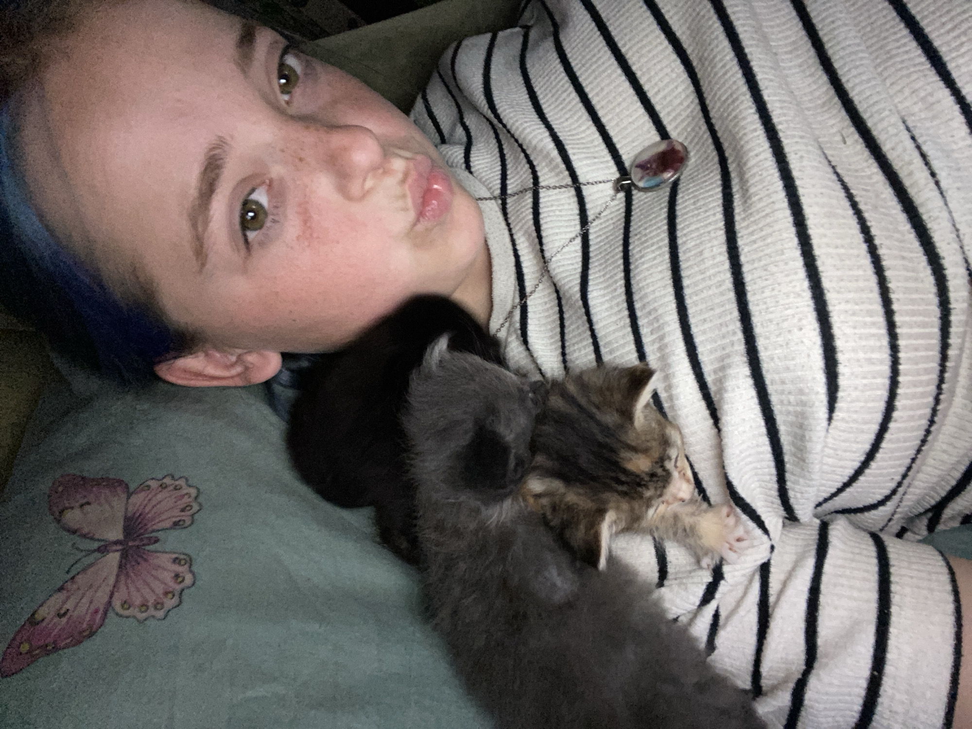 A young person with blue-dyed hair is lying down and holding three kittens. The person is wearing a striped shirt and a necklace with a pendant. A patterned blanket with a butterfly design is visible in the background. The scene appears to be indoors.