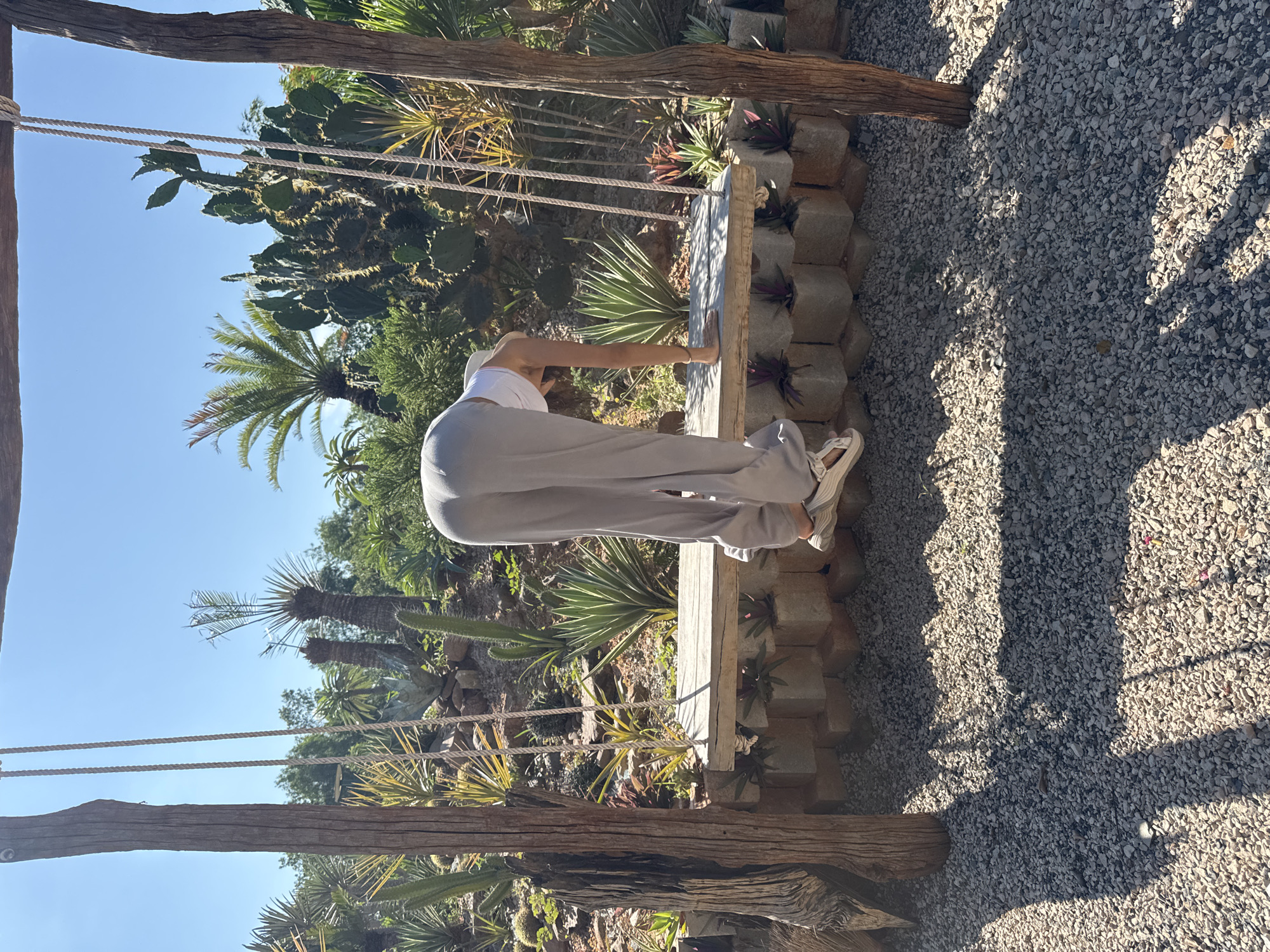 A person stands on a swing in a garden filled with cacti and palm trees. The person is facing away from the camera, with their back arched and head bowed. They are wearing light gray pants and a white top. The swing is made of wood and hangs from a wooden frame. The background is a lush garden with various types of cacti, succulents, and palm trees. The sky is clear and blue. The ground is covered in small white pebbles. The scene appears to be a sunny day.