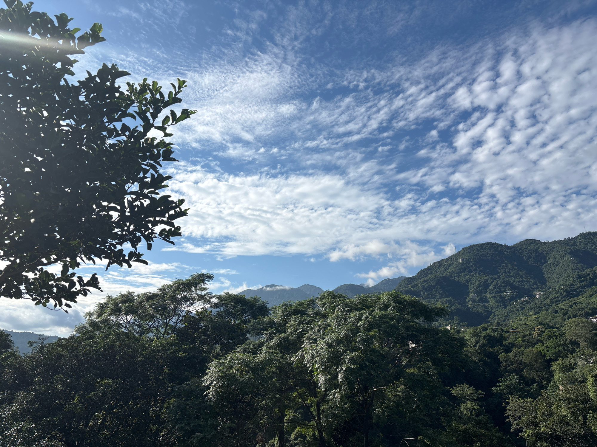 The image depicts a lush, green mountainous landscape under a bright blue sky filled with scattered white clouds. In the foreground, the dark silhouette of leafy trees frames the scene, with sunlight filtering through the branches on the left side. Beyond the immediate foliage, rolling hills covered in dense vegetation recede into the distance. Buildings, appearing as small white structures, are visible scattered across the mountainsides, suggesting a populated area within the natural setting. The overall impression is one of natural beauty and a serene, possibly rural or semi-rural, environment.
