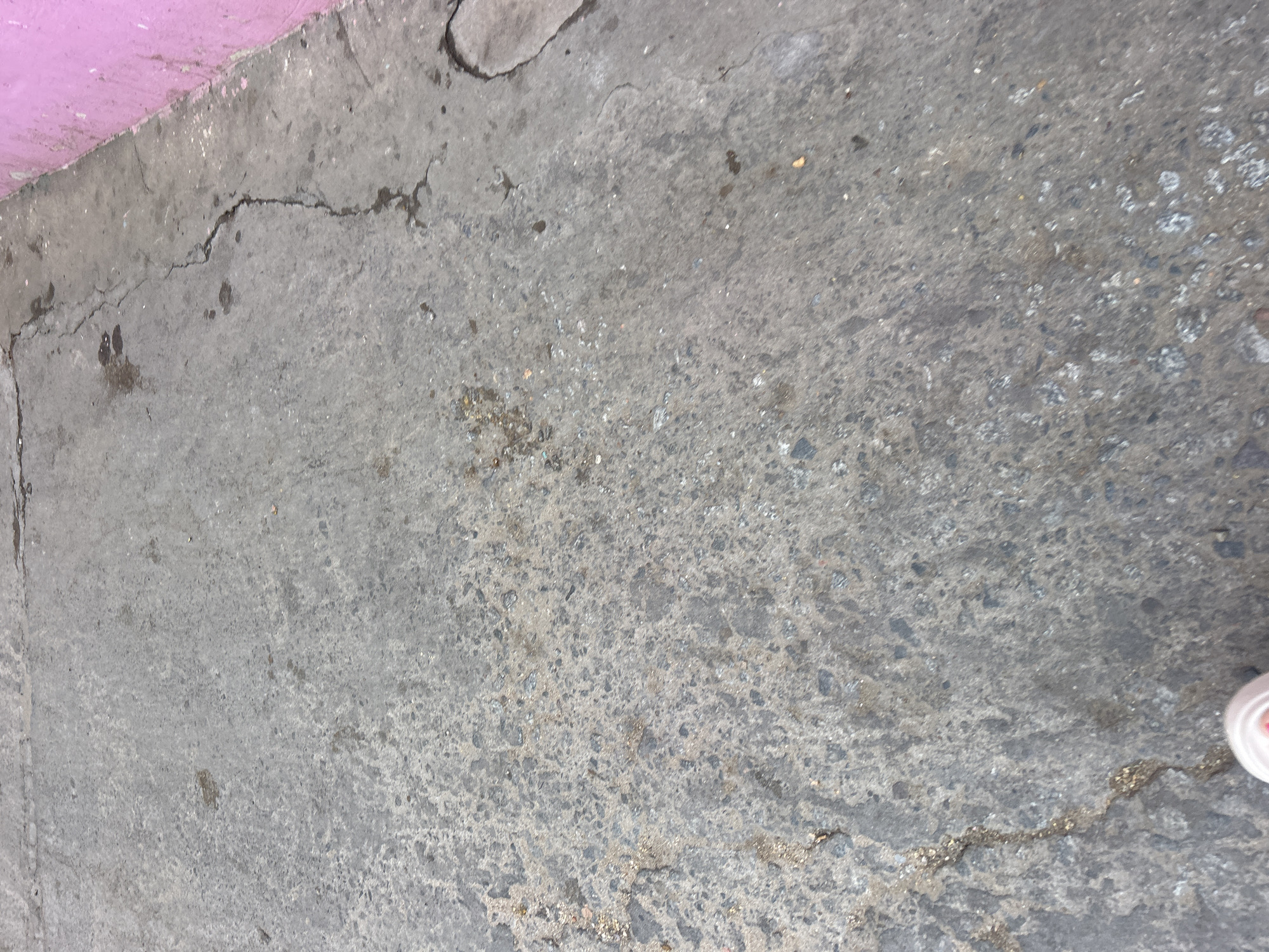 The image displays a close-up, downward view of a textured, grey concrete or asphalt ground surface in Puttaparthi, India. The surface exhibits extensive wear, including multiple irregular cracks; a prominent crack extends diagonally from the upper-right quadrant towards the bottom-center. Scattered across the ground are various dark, dried liquid stains and light-colored particulate debris. Along the right side of the frame, a segment of a vertical wall painted a vibrant pink or magenta color is visible. In the bottom-left corner, the toe of a light-colored shoe or sandal is partially present. The scene is illuminated by ambient daylight, with no discernible shadows.
