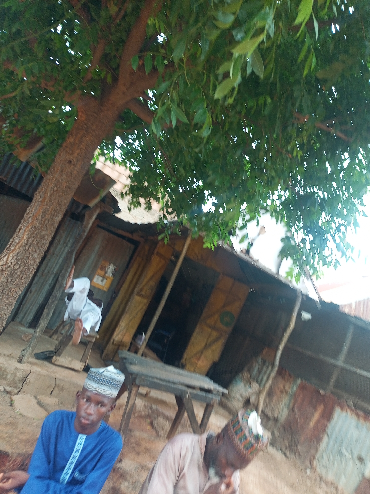 The image displays an outdoor scene within the city of Unknown, Unknown. The camera perspective is tilted approximately 15-20 degrees counter-clockwise, looking across an unpaved area towards several structures. A large tree with a textured brown trunk and dense green foliage dominates the left side and upper portion of the frame.
In the lower-left foreground, a young male wearing a blue long-sleeved garment with light-colored embroidery and a patterned Kufi cap is seated, directing his gaze towards the camera. In the lower-right foreground, an older male, partially visible, wears a light brown garment and a patterned Kufi cap; his head is angled downwards or away from the camera. Between these two individuals and the background structures, a rustic wooden table or bench is positioned.
In the mid-ground, on the left side, a person dressed in white attire is seated on a wooden bench or platform, with their bare feet visible. This individual is positioned adjacent to the large tree trunk and in front of a structure. The background features several rudimentary buildings or shelters constructed with corrugated metal roofs and walls composed of various materials, including wood planks, corrugated metal sheets, and possibly mud or woven elements. The ground throughout the visible area consists of dry, cracked earth. Sunlight filters through the tree canopy, creating bright highlights.