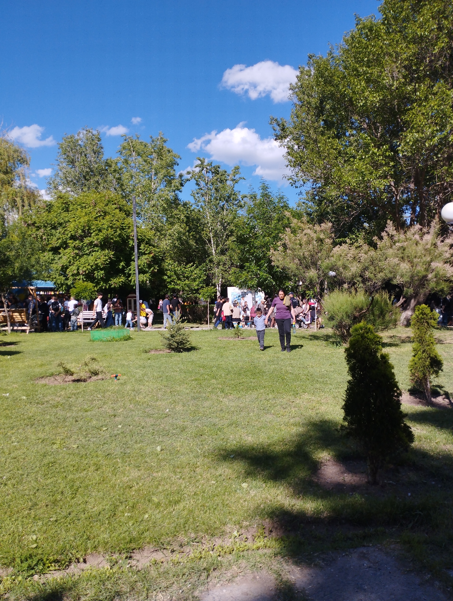Captured in Yeghegnadzor, Armenia, the image reveals an outdoor scene during daytime, bathed in sunlight. Lush green grass dominates the foreground, interspersed with small bushes and saplings. Shadows indicate a clear sky, although there are patches of fluffy white clouds. A group of people is gathered in the mid-ground, near what appears to be a playground structure. Amidst this group, a woman and a child walk hand-in-hand towards the foreground. The backdrop features a dense collection of trees, adding to the outdoor ambiance.