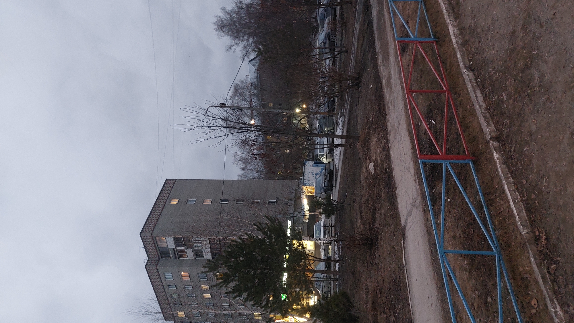 The image presents an exterior view in Novosibirsk, Russia, characterized by a muted color palette under an overcast sky. A multistory residential building constructed of gray brick with multiple windows is prominently featured. Some windows show illuminated interiors. In the foreground, there's a colored metal playground structure with red and blue painted elements. A narrow walkway separates the structure from an area of sparse vegetation and dirt. Several bare deciduous trees and a few coniferous trees are positioned between the building and the playground area, with parked vehicles visible in the background near streetlights. Electrical wires stretch across the upper portion of the frame against the gray sky.