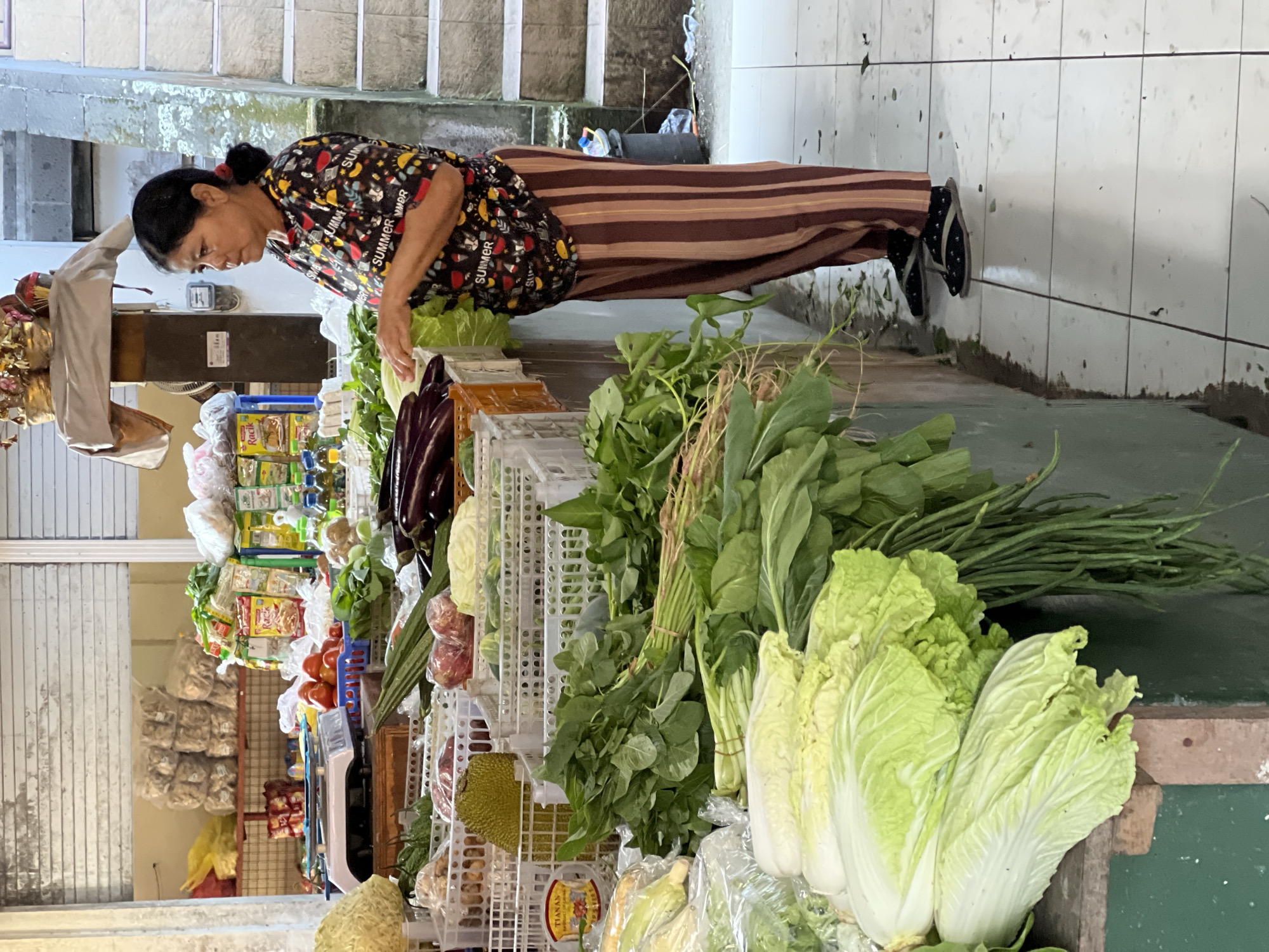 An older woman tends to a bustling market stall, likely in the Ubud District, Indonesia. She is seen from the side, bending over a counter filled with fresh produce, intently arranging large heads of napa cabbage. Her dark hair is tied back, and she wears a dark, patterned short-sleeved shirt with the word "SUMMER" repeated on it, paired with brown and beige striped trousers. Black sandals with white detailing are visible on her feet.
The market stall showcases a colorful assortment of fresh vegetables and other goods. Prominently displayed on the right are abundant piles of leafy greens, including napa cabbage, bok choy, and long green beans, many neatly arranged in white plastic crates. Below these greens, a tropical fruit resembling a jackfruit can be seen. On the left side of the stall, vegetables such as eggplants and possibly tomatoes are visible, along with various packaged items like bags of dried goods, bottles, and other small retail packages on shelves behind the counter. A partial label on one package reads "Rack," and another round label displays "TIANAN."
The setting is an indoor or covered market environment, characterized by tiled walls—some white, others with a greyish-green appearance—and a practical concrete or tiled floor. The natural light suggests it is daytime. The woman exhibits a calm and focused demeanor as she meticulously handles the produce, capturing a typical moment of activity in a local market.