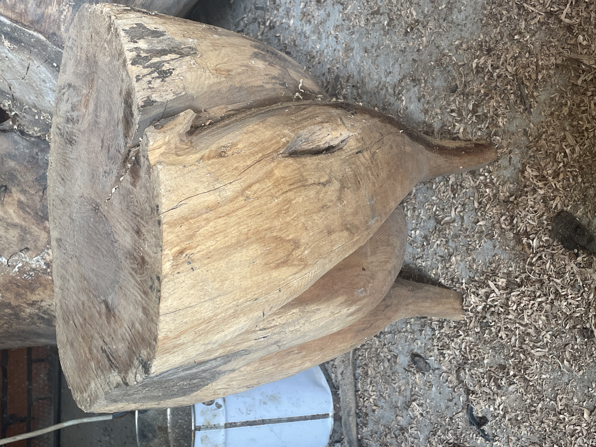 A handcrafted wooden stool, made from a thick tree trunk, stands on a floor covered with wood shavings. The stool has a thick, flat top and a base that tapers down into three carved legs, giving it a unique, almost twisted appearance. The wood is a light brown color, with visible grain patterns and some darker, weathered patches. A light blue metal bucket is visible to the left of the stool, behind it. In the background, a brick wall and other large wooden logs can be seen, suggesting an outdoor or workshop setting. The overall environment appears rustic and unfinished. The location is not specified in the image or the provided context.
