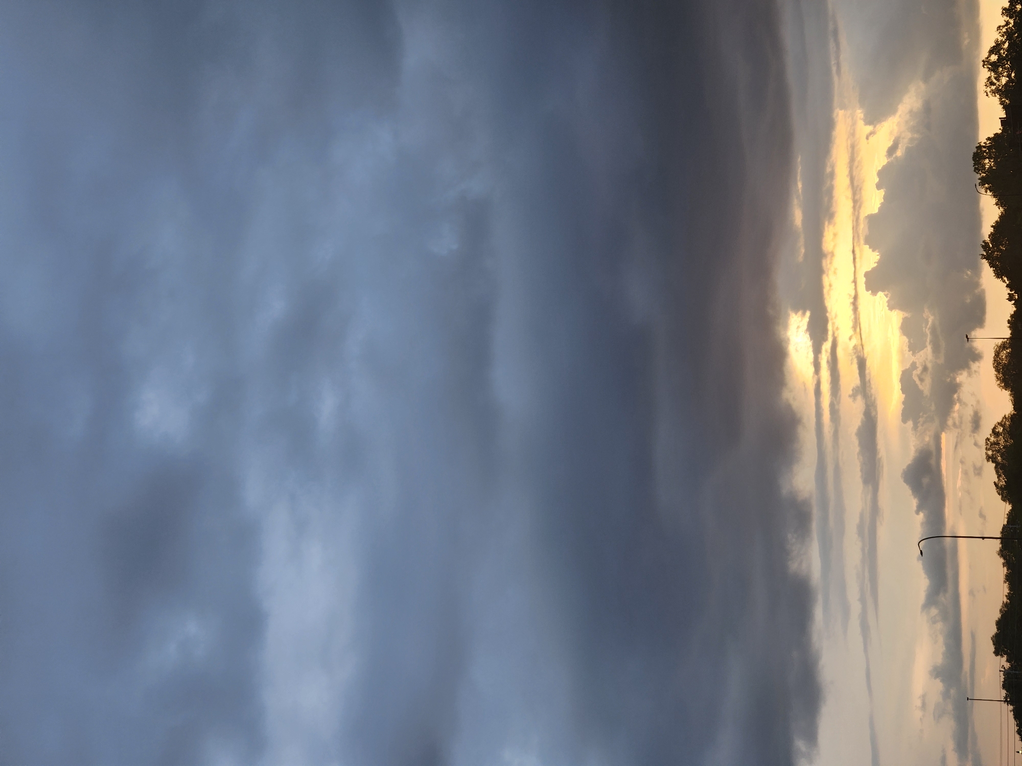 The image captures a stormy sky over Altamonte Springs, Florida, USA. Dark, heavy clouds dominate the upper portion of the frame, with hints of lighter gray and blue peeking through. Near the horizon, a dramatic band of golden sunlight breaks through, illuminating the underside of some of the clouds with a vibrant yellow and orange glow. Silhouetted against the sky in the lower part of the image are the tops of trees and a street lamp. The overall scene suggests an approaching or receding storm during twilight.