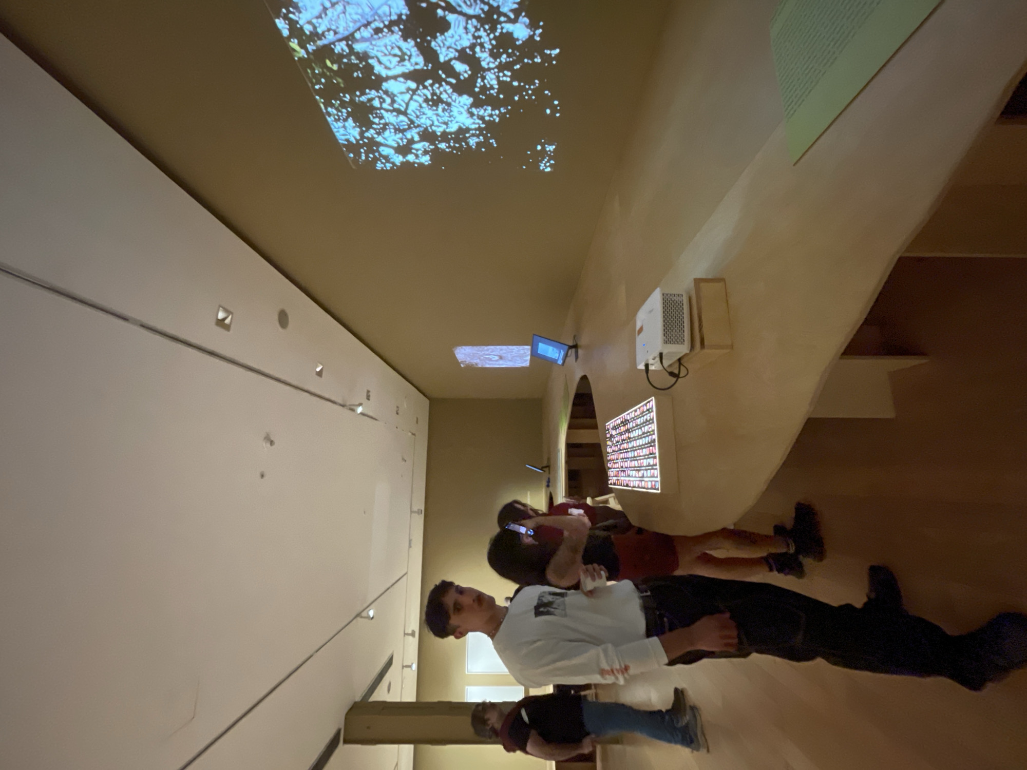 The image captures an indoor scene, potentially within a museum or gallery setting. Several individuals are present, some engrossed in viewing exhibits. The environment features projected images on the ceiling and walls, along with mounted displays. A projector is visible, suggesting the presence of audio-visual elements. The lighting appears dim, creating a contemplative atmosphere. The precise location within Buenos Aires, Argentina, cannot be definitively determined without further information or visual clues specific to the city.