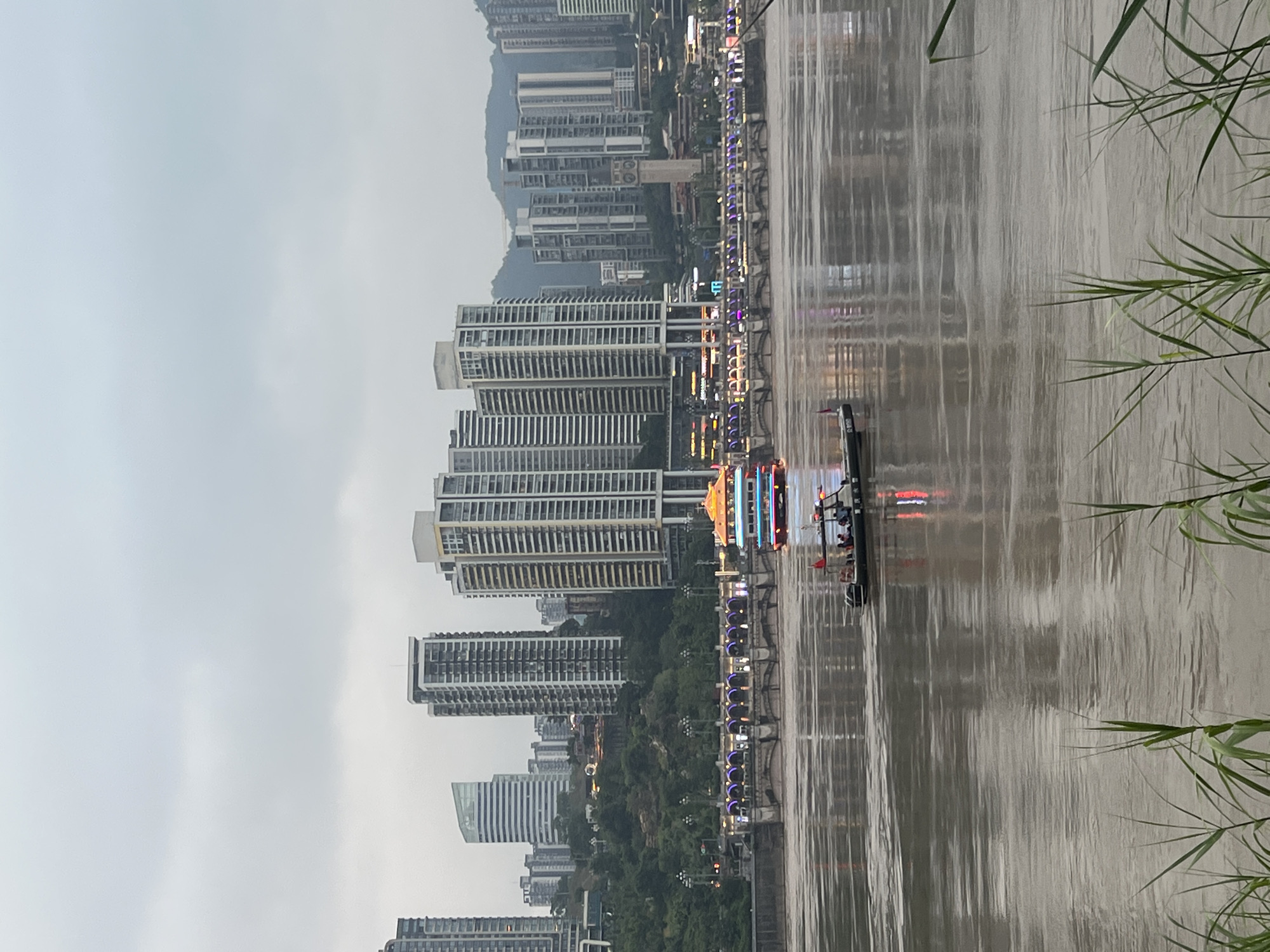 The image depicts a wide, murky river flowing through a city under a cloudy sky. On the far bank, a dense cluster of modern skyscrapers rises, some with distinctive architectural designs. A bridge, adorned with purple lights, spans the river in the middle ground, with a multi-tiered, illuminated boat docked beside it. In the foreground, a small, dark boat carrying several people navigates the river. Reeds and tall grass line the immediate foreground of the riverbank. The overall scene suggests an urban riverside environment, possibly at dusk or on an overcast day. The specific location appears to be along the Yangtze River in Chongqing, China, with Jiangbeicheng Street being a prominent commercial and residential area on the north bank of the river.