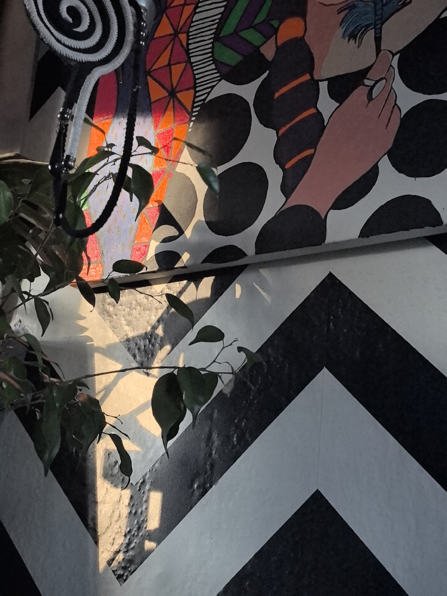 The image shows a section of a wall with a combination of geometric and illustrative patterns. The lower portion of the wall features a black and white chevron pattern. Above this is a painted illustration with various elements, including black polka dots, colorful geometric shapes, and a depiction of a hand holding an object, possibly a cigarette. In the foreground is a leafy plant, partially obscuring the wall. The scene is indoors, with some indirect sunlight illuminating a section of the chevron pattern. The location in the city of Noviy, Russia, is not discernible from the visual information provided.