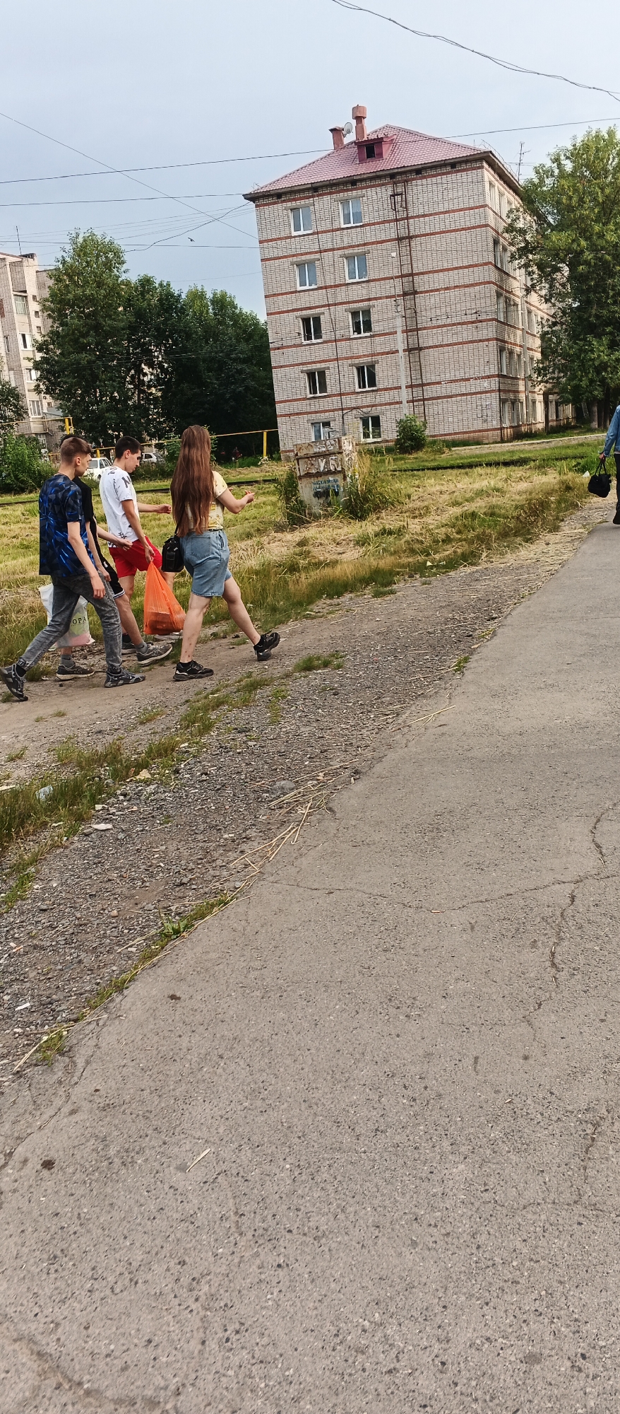 A group of four young people are walking on a gravel path next to an asphalt road. The person in front, a female with long brown hair, is wearing denim shorts and a yellow t-shirt. She is carrying an orange plastic bag in her right hand. To her left, a male wearing red shorts and a white t-shirt is also carrying an orange plastic bag. Further to the left, another male wearing grey pants and a blue and black patterned t-shirt is carrying a white plastic bag. The fourth person is mostly obscured, walking behind the first male. In the background, a multi-story brick building with a red roof dominates the scene. Trees and other buildings are visible further in the distance. Power lines are stretched across the sky. The environment appears to be a residential area.