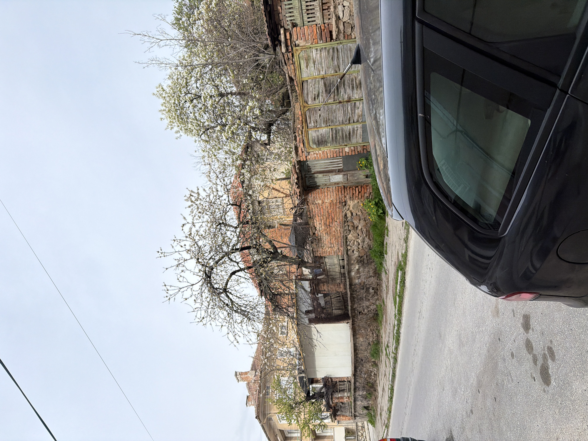 The scene depicts an urban landscape in Panagyurishte, Bulgaria. A black vehicle occupies the right side of the frame, partially obscuring the view. To the left, an old brick building stands adjacent to the street. The building's facade exhibits weathered bricks, with decaying wooden door/window covers with peeling green paint. Trees with blossoms are interspersed around the building. The overcast sky contributes to the overall muted color palette. A paved road runs in front of the building. Utility lines are visible in the sky.