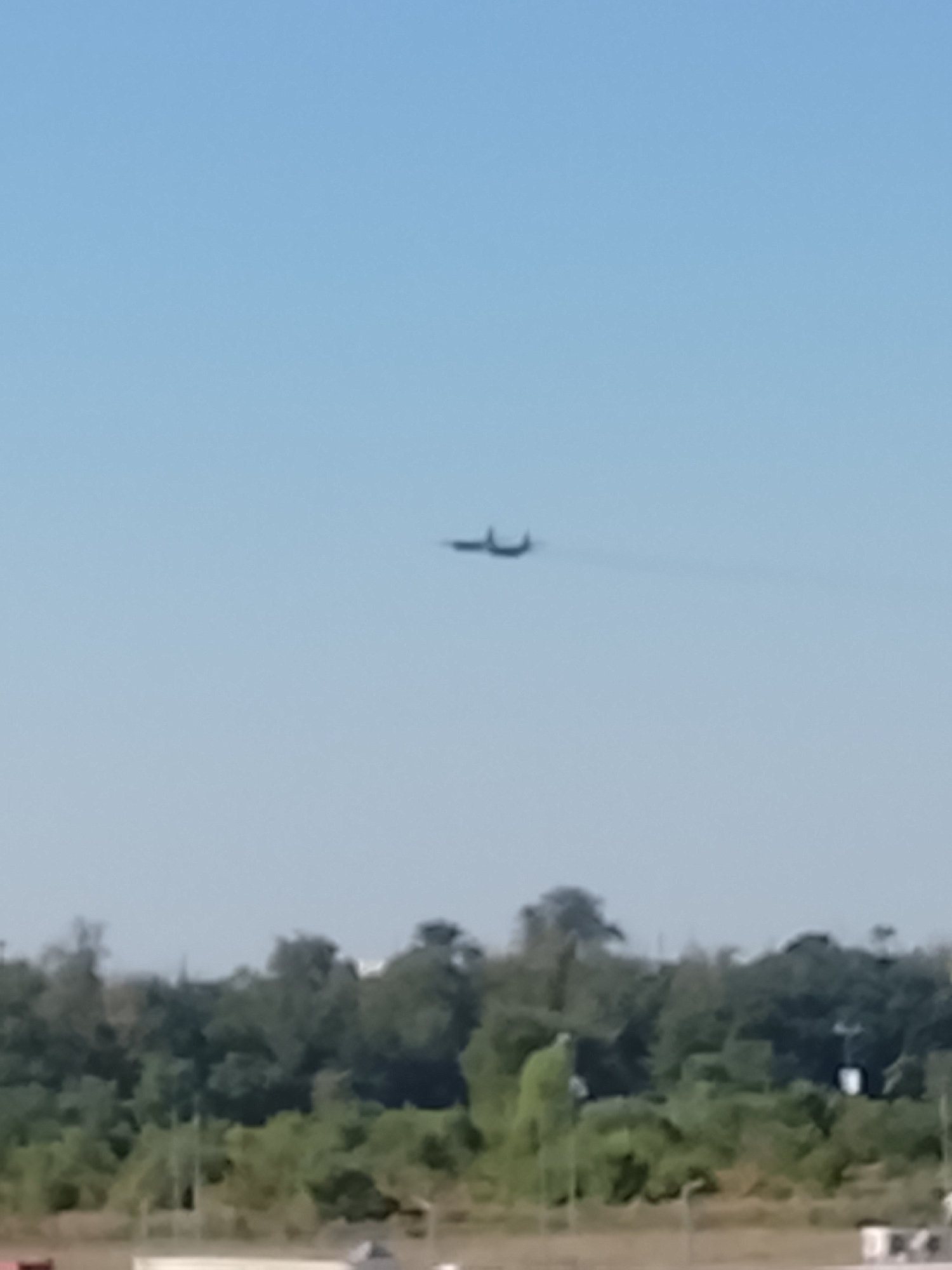 A distant, blurry black airplane is seen flying in a clear blue sky above a line of green trees. The airplane is silhouetted against the bright sky and appears to be a twin-engine jet. The trees in the background are dense and form a lush green border. No other details are discernible due to the distance and blurriness of the image. The scene is set outdoors with no indication of a specific location within Crețuleasca, Romania, beyond it being an aerial view.