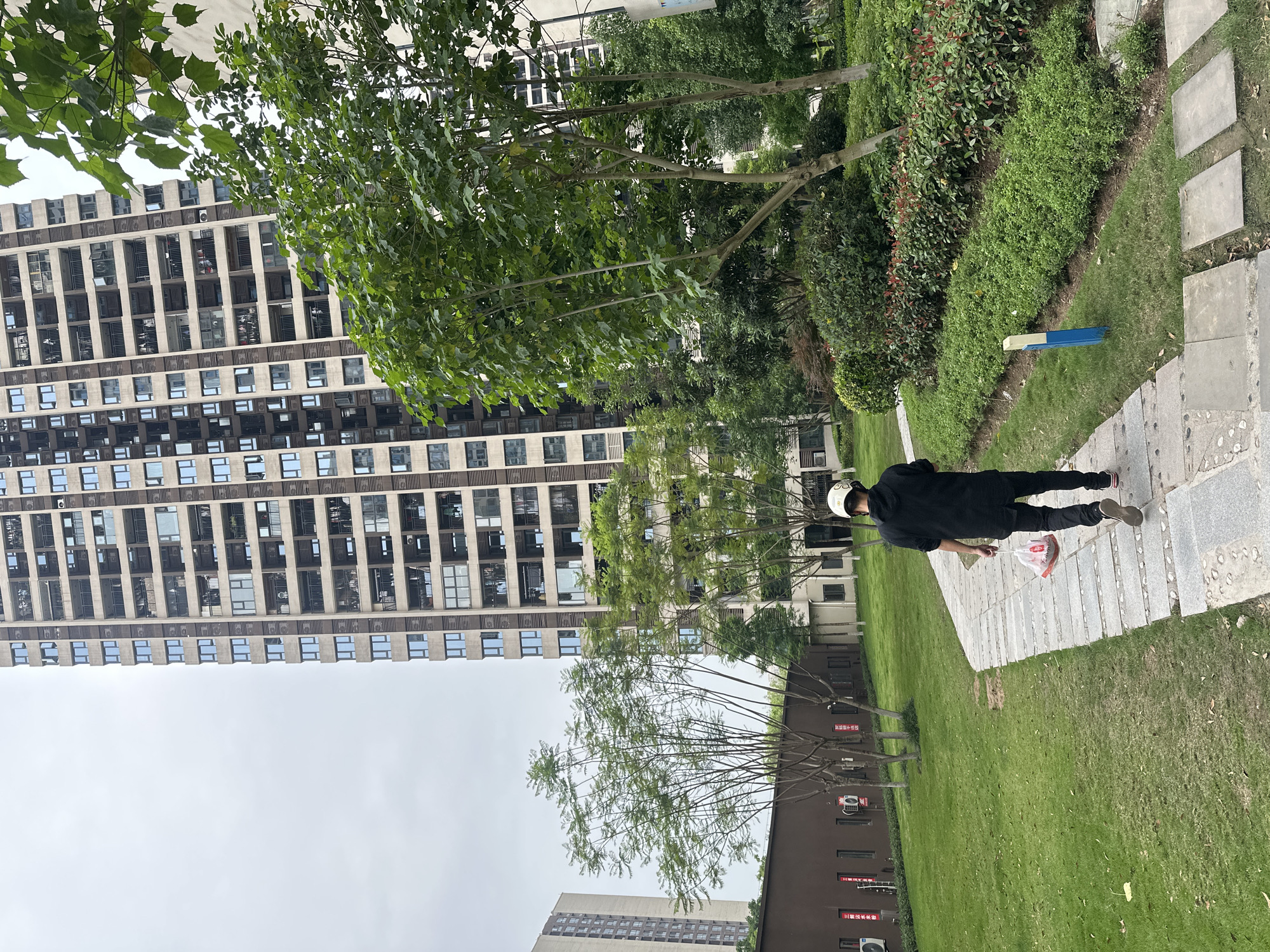This outdoor photograph captures a modern urban scene in the Chongqing High-tech Zone, China, under an overcast sky. The image features a blend of large residential buildings and green park-like areas.
In the foreground, a paved walkway, constructed from light-colored square and rectangular concrete slabs, traverses a manicured lawn. The path is bordered by lush green grass, interspersed with various shrubs and trees. A single individual is depicted walking away from the camera along this path. They are dressed in dark attire, consisting of a black long-sleeved top and black trousers, and wear a white helmet or cap. The person is carrying a white plastic bag, marked with red text or a logo, in their left hand. Red-soled shoes are visible on their feet. Partially visible in the grass beside the path is a blue and yellow vertical object.
The background is dominated by tall, contemporary multi-story buildings. A prominent high-rise building on the left exhibits a uniform facade with numerous windows and balconies, characteristic of a large residential or mixed-use complex. Further to the right, lower-rise brown buildings are visible. One of these brown buildings features several red signs with white Chinese characters. Specifically, a sign on a pillar reads "严禁高空抛物" (Strictly prohibit throwing objects from height), and another sign on the building itself includes "三国演义" (Romance of the Three Kingdoms). The overall impression is of a well-maintained, developed urban environment with ample green space. The absence of strong shadows suggests an overcast day.