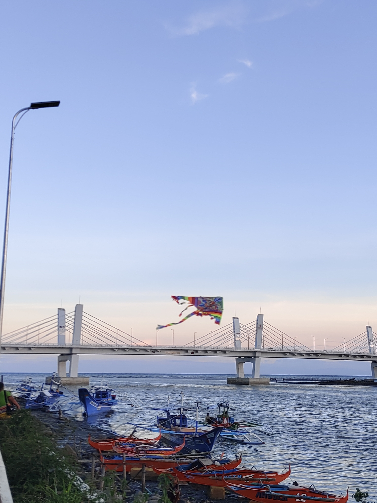 A wide shot captures a vibrant scene in Davao City, Philippines, where the ocean meets the shore beneath a modern cable-stayed bridge. The sky above is a gradient of pale blue, transitioning to a soft pinkish hue near the horizon, suggesting either dawn or dusk. A prominent street lamp stands on the left, its dark light fixture silhouetted against the sky.
In the mid-ground, the impressive bridge stretches across the water, its white pylons and cables forming an intricate network against the sky. The water itself is a deep blue, with visible ripples and waves. A colorful kite, adorned with various patterns and a rainbow tail, flies high in the sky, adding a playful element to the scene.
The foreground features a shoreline with numerous traditional Filipino outrigger boats, locally known as "bancas," either docked or resting on the pebbly shore. Many of these boats are painted in bright colors, predominantly red and blue, with intricate designs and some bearing names. A few individuals are visible near the boats, one person in a green shirt sitting on the left and others in and around the boats on the water. The overall atmosphere is serene, hinting at a coastal community engaged in its daily activities against a backdrop of impressive infrastructure.