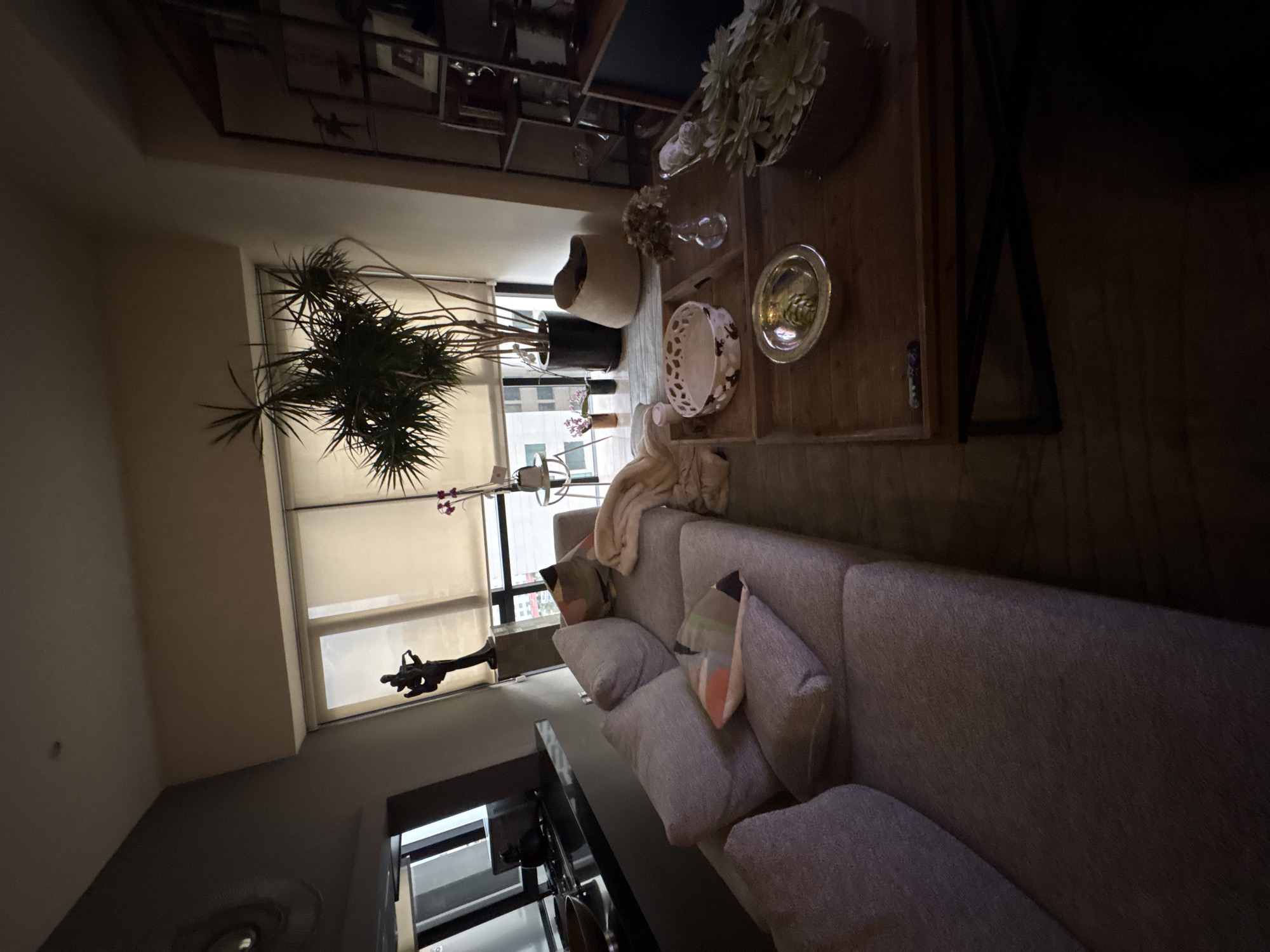 The image shows an interior scene. A sectional sofa with pillows is visible, along with a coffee table decorated with plants and decorative items. A large plant stands near a window with blinds. In the background, there's shelving with various objects. Below the window, there are views of tall buildings. Based on the location information, the scene is in Jesús del Monte, Mexico, and appears to be inside a residence or apartment. No people are visible.