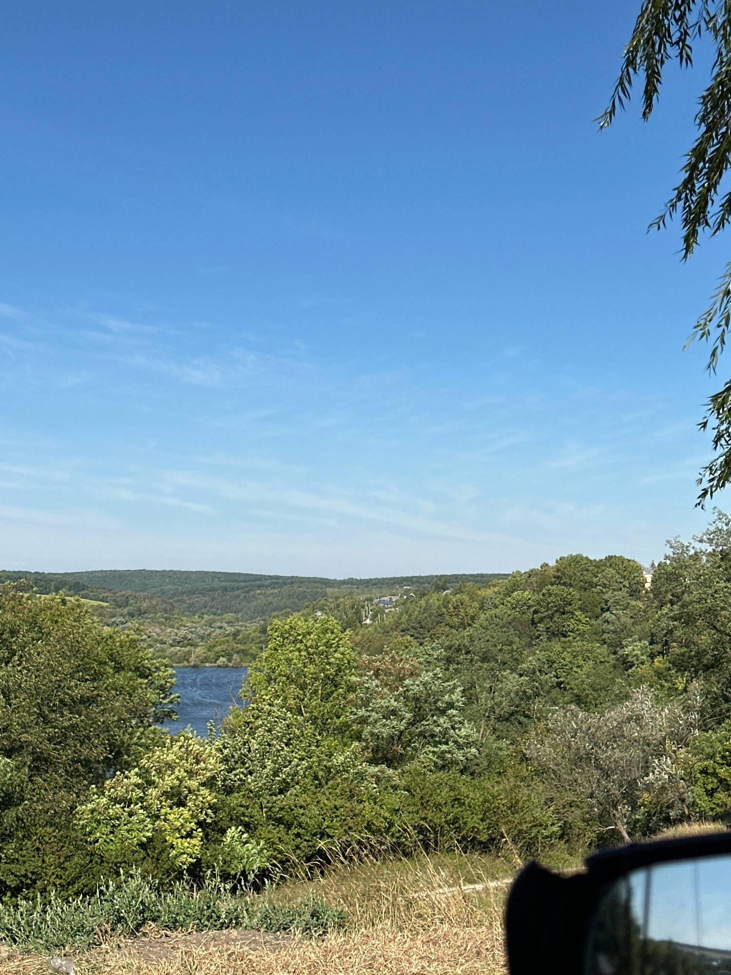 An elevated, wide shot captures a serene landscape under a clear blue sky with faint wispy clouds. The foreground features dry, yellowing grass and the edge of a black car mirror on the right. Dense, varied green foliage dominates the midground, with a dark blue body of water, likely a river or lake, visible through a gap in the trees. Beyond the water, rolling hills covered in trees stretch into the distance. Hints of buildings and structures are subtly visible on the hillsides. A branch with green leaves hangs from the upper right corner of the frame, obscuring part of the sky. The scene is typical of the rural outskirts of Makiv, Ukraine, characterized by its natural beauty and open spaces.