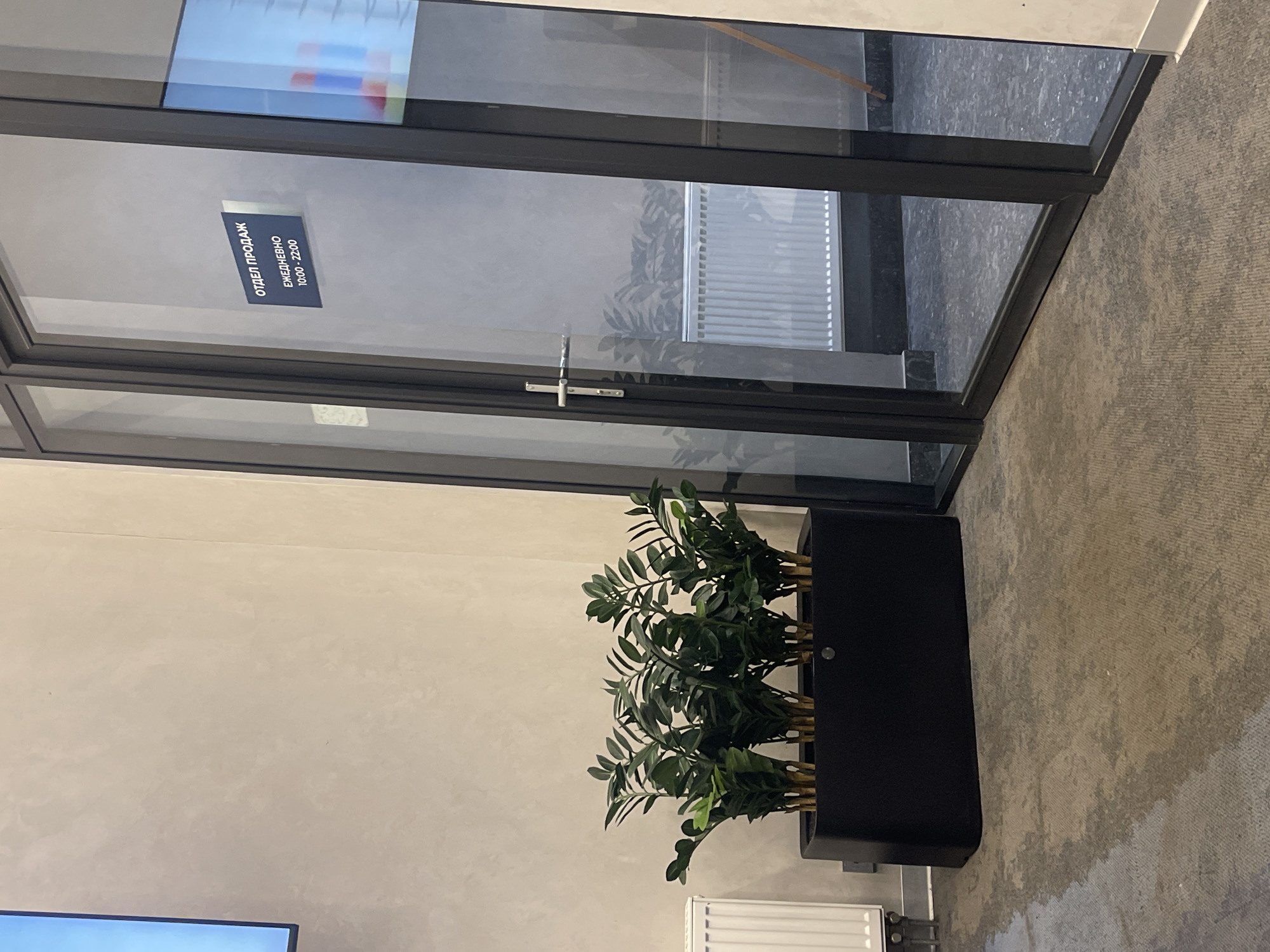 The image shows an interior view with a focus on a black-framed glass door, adjacent to a neutral-toned wall. Next to the door, a tall, rectangular black planter contains a plant with green foliage. A sign in Russian, "ОТДЕЛ ПРОДАЖ ЕЖЕДНЕВНО 10:00-22:00" (Sales Department, Daily 10:00-22:00), is visible on the door. The floor is covered in a textured grey carpet. A radiator is partially visible near the base of the planter and below the wall. Through the glass door, part of a white radiator and what appears to be a grey walkway can be seen. The text on the sign indicates a location in a Russian-speaking area, likely Moscow, Russia.
