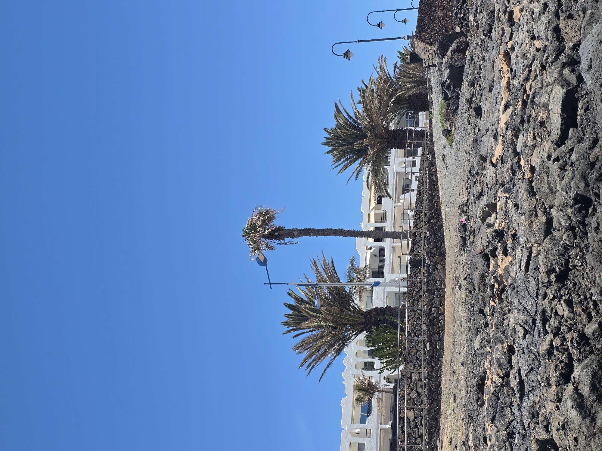 The image shows a bright, sunny day with a clear blue sky. The scene is outdoors, likely a coastal area given the presence of palm trees and rocky terrain. In the foreground, to the right, is a textured, dark volcanic rock formation, with some lighter-colored patches. A pathway or dirt area runs along the base of the rock wall.
On the left side of the image, several palm trees are visible, some tall and slender, others shorter and fuller. Behind the palm trees, a multi-story building with white walls and balconies can be seen. The architecture suggests a hotel or residential complex. Several streetlights with a distinct curved design are mounted on poles, two of which are clearly visible against the sky.
The time of day appears to be daytime, likely late morning or early afternoon, due to the bright sunlight casting shadows. The weather is fair and clear. The location cues, such as the volcanic rock and palm trees, combined with the provided location context of Teguise, Spain, suggest a warm, possibly Mediterranean or island climate. There are no visible people or animals in the frame, and no specific activity or event is depicted. There is no discernible text in the image.