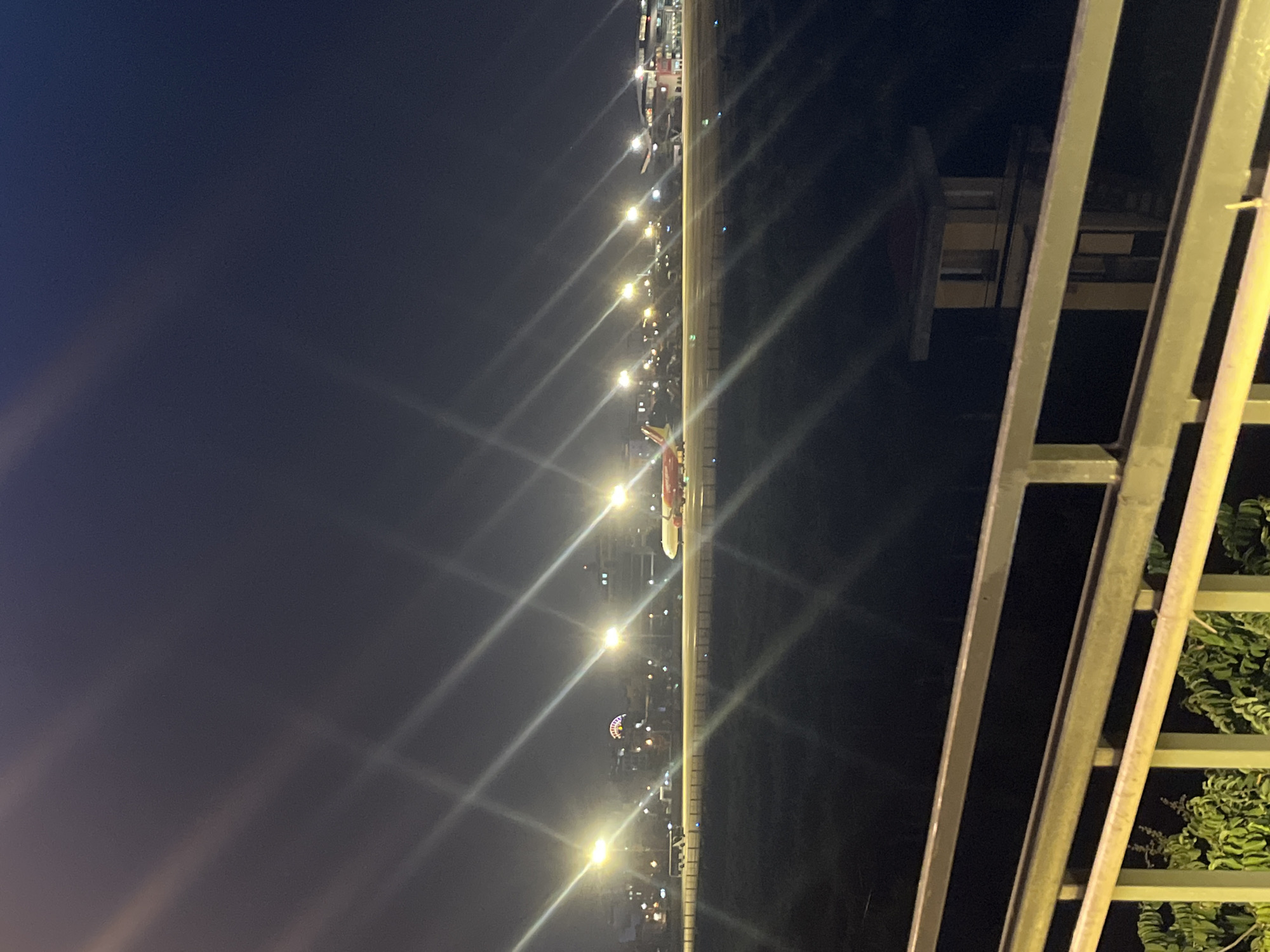 The image depicts a night scene in Da Nang, Vietnam, likely near a waterfront or elevated area. A railing, composed of horizontal and vertical metal bars, dominates the right side of the frame, casting shadows and reflecting the ambient light. Beyond the railing, a street or promenade is lined with numerous streetlights, creating distinct streaks of light due to the long exposure. In the distance, various buildings and structures are visible, some illuminated and others silhouetted against the dark sky. A Ferris wheel, lit with colorful lights, is a prominent feature in the mid-ground, suggesting a recreational area or amusement park. The sky is dark, indicative of nighttime, with no visible weather phenomena. The overall atmosphere is one of a vibrant, illuminated urban landscape at night.