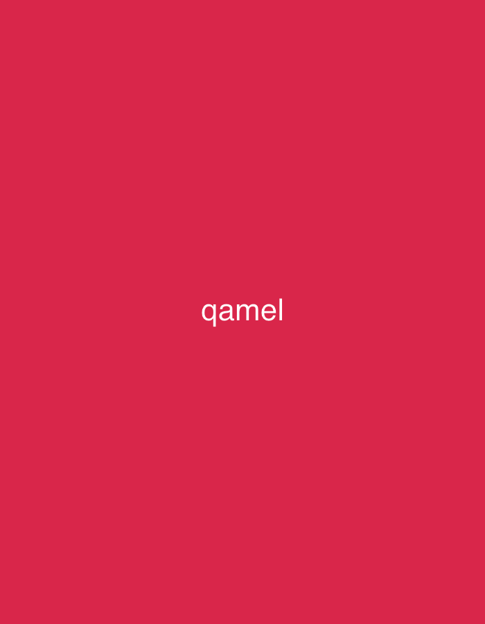 The image displays a plain, solid background colored in a vibrant shade of red, resembling a raspberry or fuchsia hue. Centered on this background is the word "qamel" written in white, lowercase, sans-serif text. There are no other subjects, objects, or activities visible in the image. No specific location cues, time of day, or weather conditions can be inferred from the visual content. The overall composition is minimalist, featuring only the colored background and the single word.