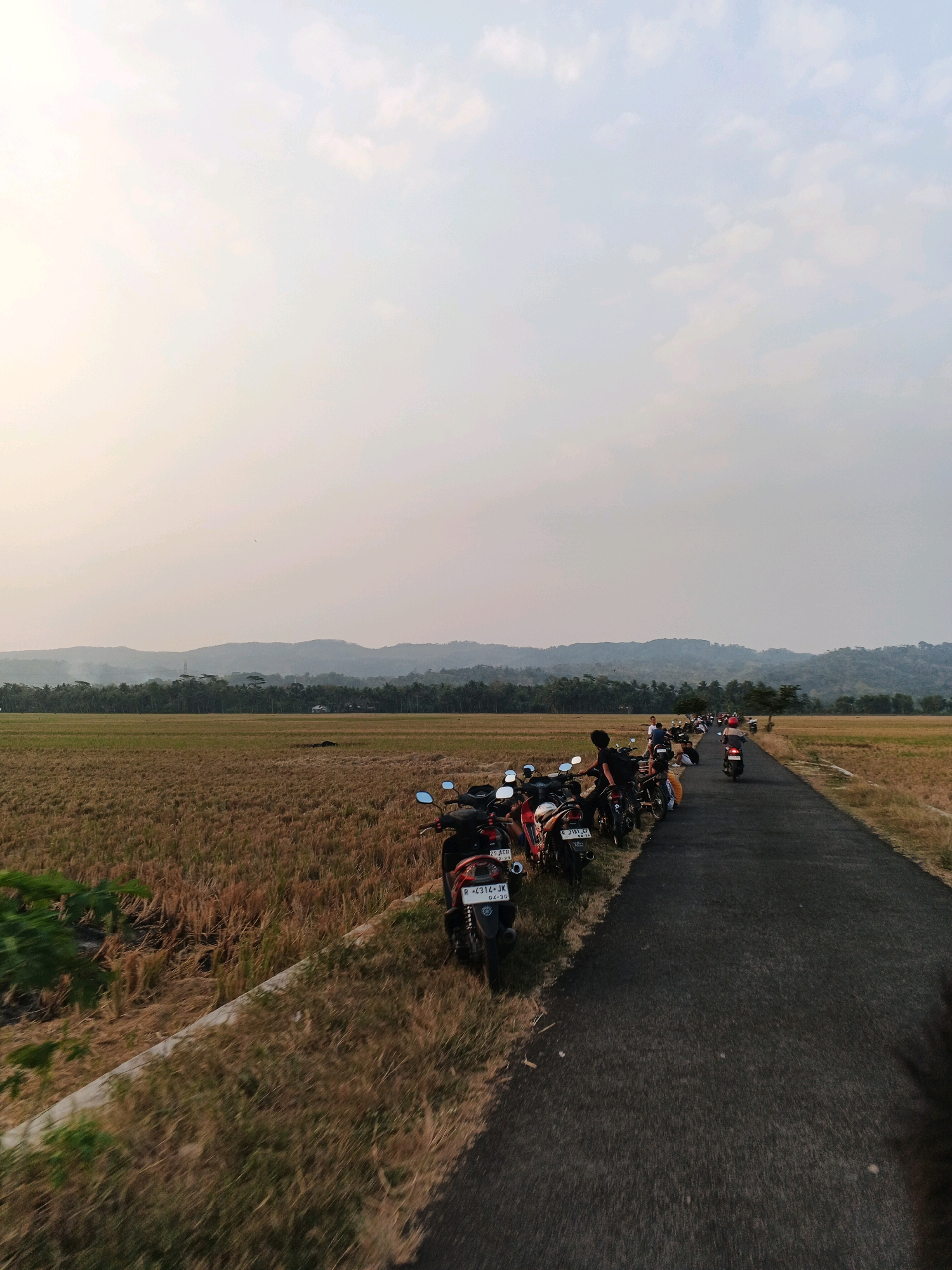 The image captures a rural scene in Planjan, Indonesia, featuring a road running alongside a dry rice field. Several motorbikes are parked on the left side of the road, with some individuals standing or sitting near them. In the background, a line of trees and hills stretches across the horizon under a hazy sky. The lighting suggests it is either early morning or late afternoon, with a soft, diffused light illuminating the landscape. The atmosphere appears calm and serene, with the parked motorbikes implying a pause or gathering.
