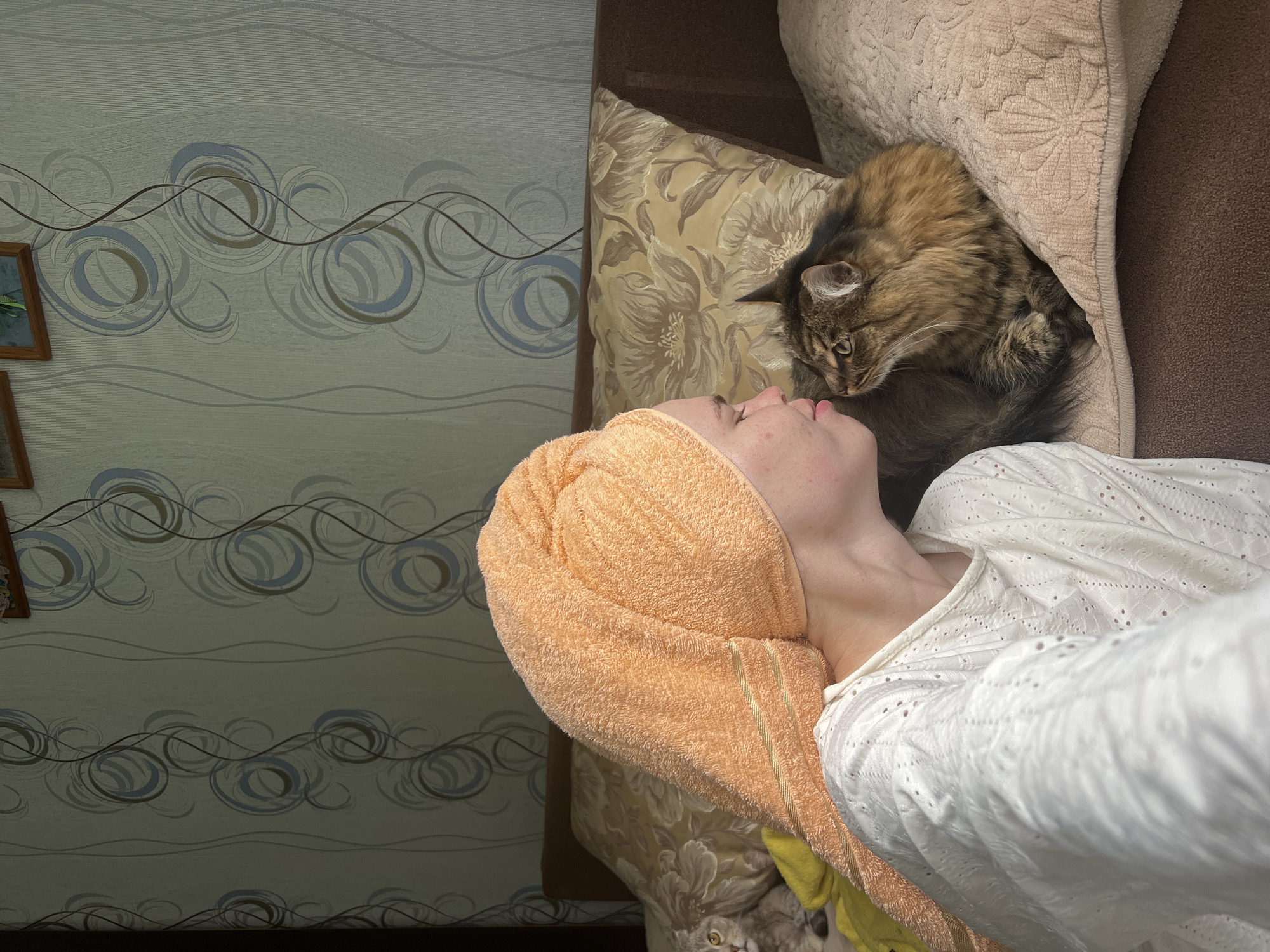The image captures an intimate indoor moment in Chaikovsky, Russia, featuring a person and a cat. A young person is depicted lying on their back, seen in profile, with an orange towel wrapped around their head, suggesting a state of relaxation or post-care. They are wearing a white, long-sleeved top with delicate eyelet embroidery.
Nestled directly in front of the person's face, a long-haired brown and black tabby cat is situated among cushions on what appears to be a sofa or bed. The cat looks intently at the person, its head slightly tilted, conveying curiosity or affection. The person's expression is calm and serene, reflecting a peaceful interaction with their pet.
The background shows a wall adorned with wallpaper featuring a textured pattern of horizontal lines and abstract swirling motifs in shades of light gray, blue, and brown. Small, framed pictures are partially visible on the upper left side of the wall. The furniture includes a brown upholstered sofa or bed, accompanied by a patterned cushion with floral designs in beige and brown, and a textured beige cushion. The scene is well-lit, indicating either bright ambient daylight or good indoor lighting. No visible text is present.