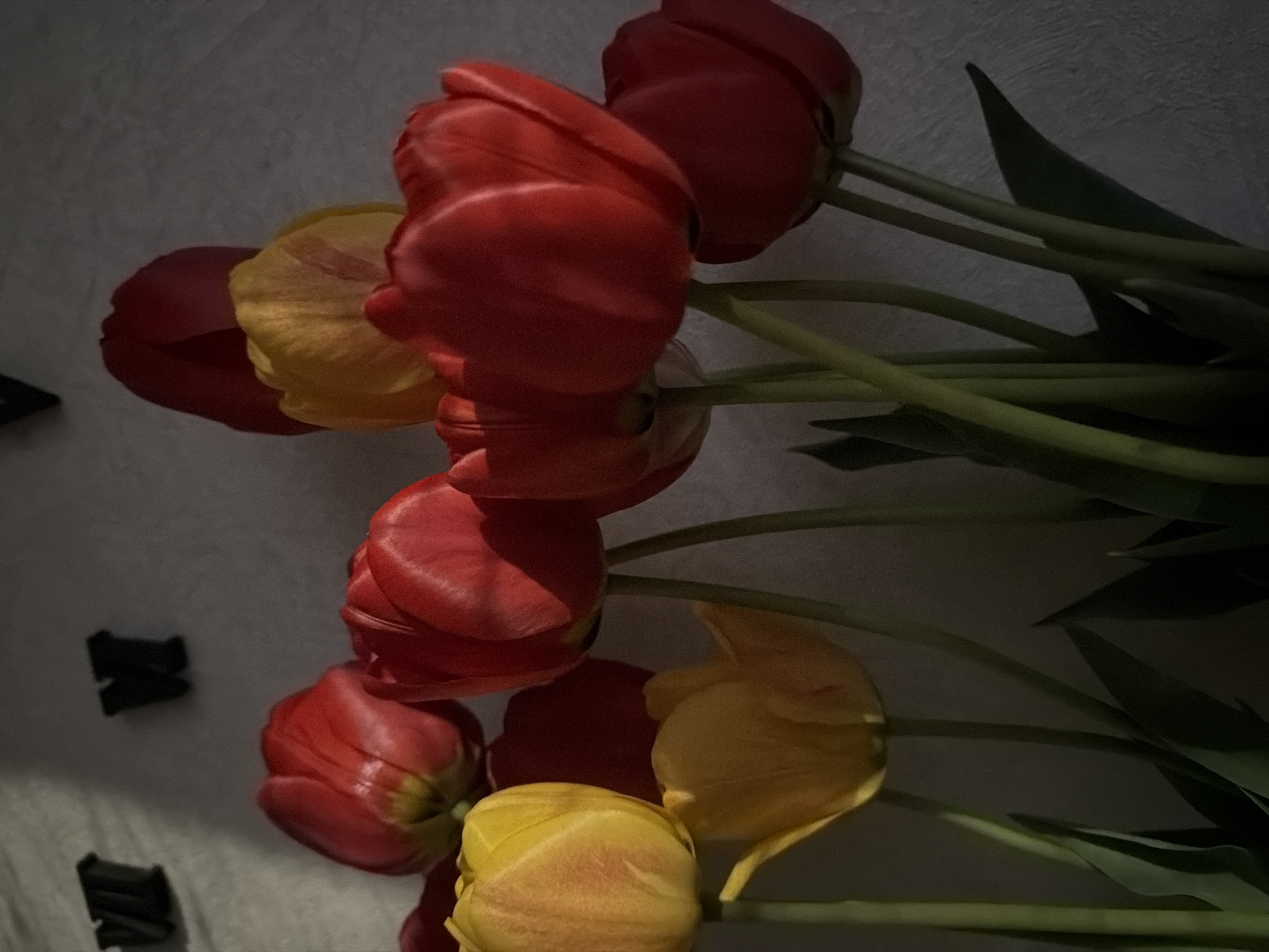 The image shows a bouquet of red and yellow tulips lying on a textured surface. The tulips are in various states of bloom, with some tightly closed and others fully open. Green stems and leaves are visible extending from the flowers. In the bottom left corner, there are two dark, small, undefined objects lying on the surface. The lighting in the image is subdued and uneven, creating shadows on the surface and the tulips. The image does not contain any identifiable information suggesting it was taken in Staraya, Russia, or involve any specific people, actions, or interactions beyond the arrangement of the tulips.