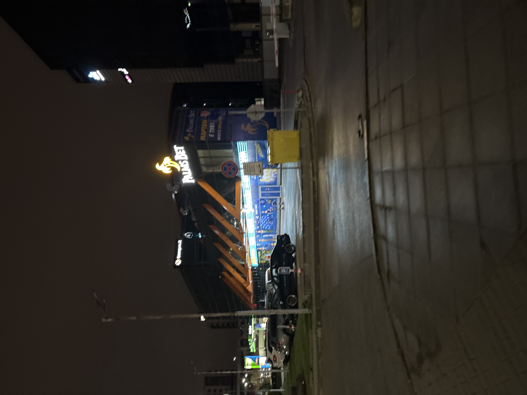 At night, a street scene in Sofia, Bulgaria, shows the "Palms Bet" casino prominently lit. A dark-colored car sits parked near the curb. Streetlights illuminate the road, and the building's architecture features bright, orange accents. Pedestrians are not visible in the scene. The sky is dark, suggesting a nighttime setting. The street appears wet, possibly from recent rain.