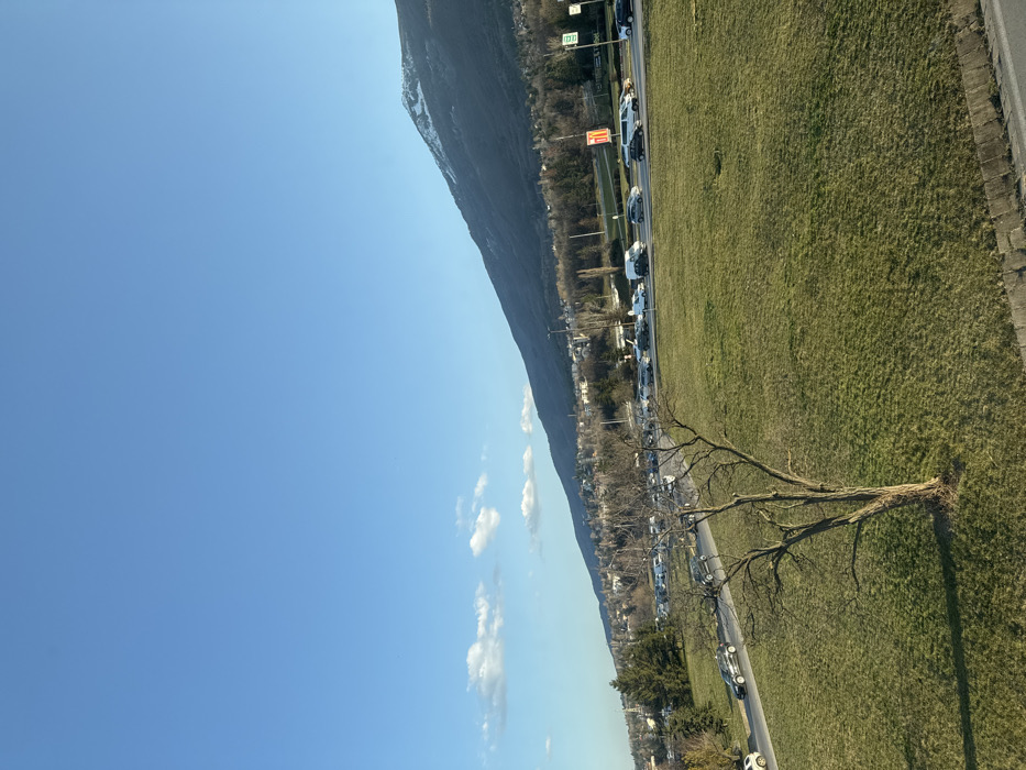 The image depicts a panoramic view of an urban periphery in Sofia, Bulgaria, characterized by Vitosha Mountain dominating the background. The scene is observed from an elevated vantage point, looking towards the mountain on a clear, sunny day.
In the immediate foreground, a wide expanse of green, possibly dormant, grass covers the lower third of the frame. A single, prominent leafless deciduous tree, with a gnarled trunk and bare branches, stands in the lower-middle left of this grassy area, casting a faint shadow to its right. A low concrete barrier or curb runs along the very bottom edge of the image.
Beyond the grassy area, a multi-lane highway or major boulevard stretches horizontally across the midground. The highway exhibits moderate to heavy traffic, with numerous passenger vehicles, including sedans and a white van, appearing to be in motion or queuing. A dark-colored SUV is visible in the left-most lane. Adjacent to the highway, on the right side, commercial signage is discernible, including a red McDonald's "M" logo and additional red and yellow rectangular logos, suggesting a gas station or retail complex. Streetlights line the highway.
The background is dominated by the imposing Vitosha Mountain, which rises from the left to the right side of the frame. Its upper slopes display patches of snow, contrasting with the darker, treed lower slopes. Urban development, consisting of scattered buildings and dense tree cover, is visible between the highway and the base of the mountain.
The sky is a vibrant, clear blue, occupying the upper half of the image, with a few small, wispy white clouds clustered on the left horizon. The overall lighting suggests either late morning or afternoon sun, with long shadows. No individuals are explicitly visible.