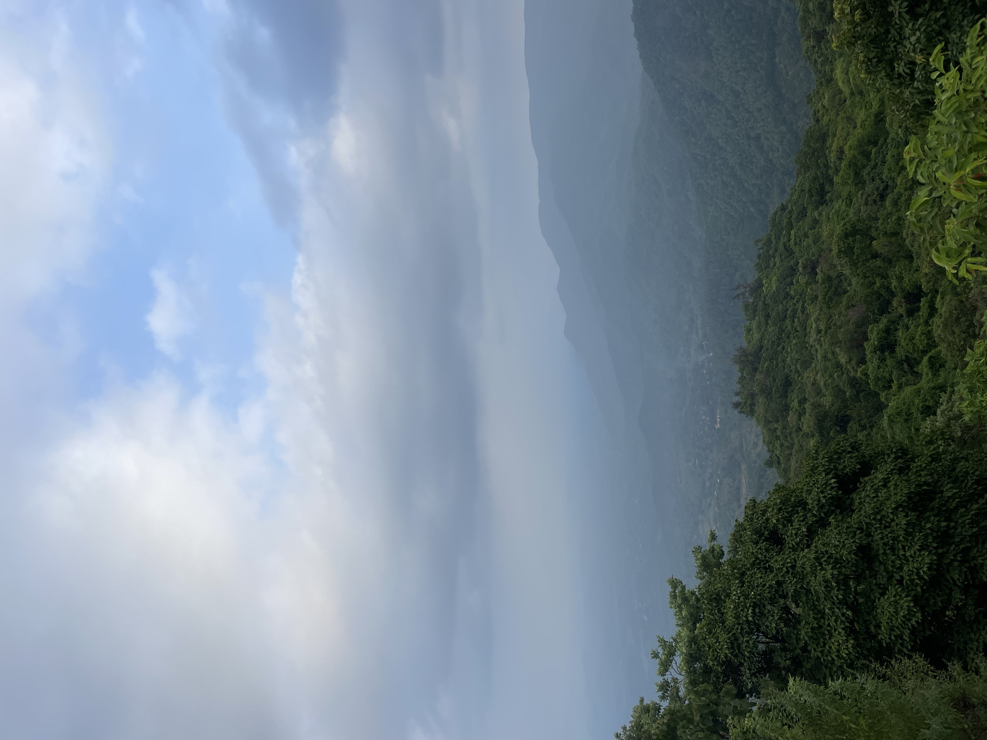 The image depicts a mountain landscape in Chorla, India, on a cloudy day. The foreground shows lush, green trees and foliage. Beyond the trees, layered mountain ranges are visible, fading into the distance due to mist or haze. The sky is overcast with varying shades of gray and some patches of blue. Small village settlements can be spotted within the mountain slopes. The photograph is rotated 90 degrees clockwise.