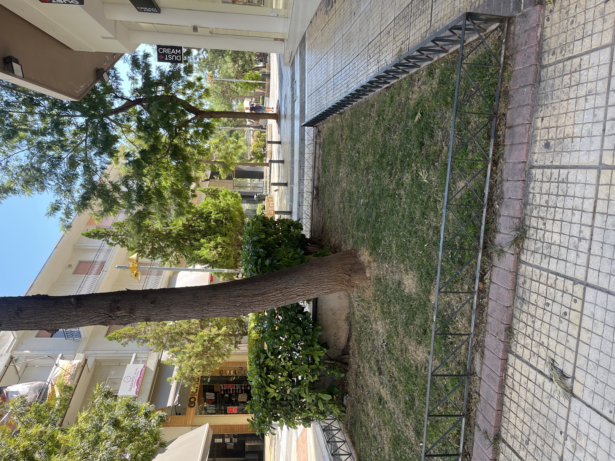 The image depicts a street scene in Nea Smirni, Greece, featuring a pedestrian walkway lined with shops. A central area of grass is bordered by a low metal fence and brick edging. A large tree trunk dominates the left side of the grassy area. In the background, a man in a blue shirt and shorts walks away from the camera on the sidewalk. Shops with awnings are visible along the street. The sky is clear and blue.