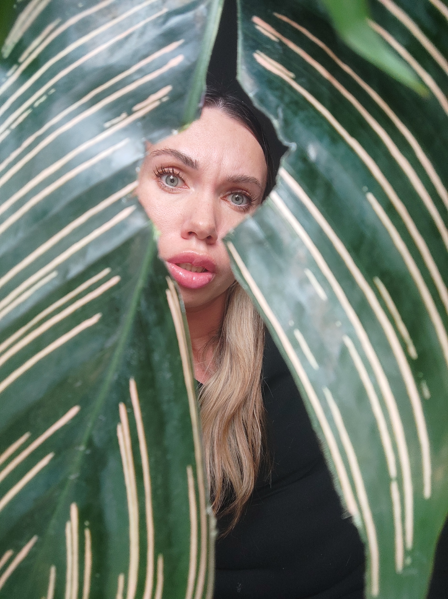A medium close-up shot features a woman looking through a tear in a large, green leaf with pale yellow stripes. The woman has fair skin, light blue eyes, dark eyebrows, and light brown hair with blonde highlights. She wears a black shirt or top and appears to be looking directly at the viewer with a slightly surprised or curious expression. The focus is mainly on the woman's face and her interaction with the leaf, while the background remains out of focus. The image does not provide enough information to pinpoint a specific location in Votkinsk, Russia.