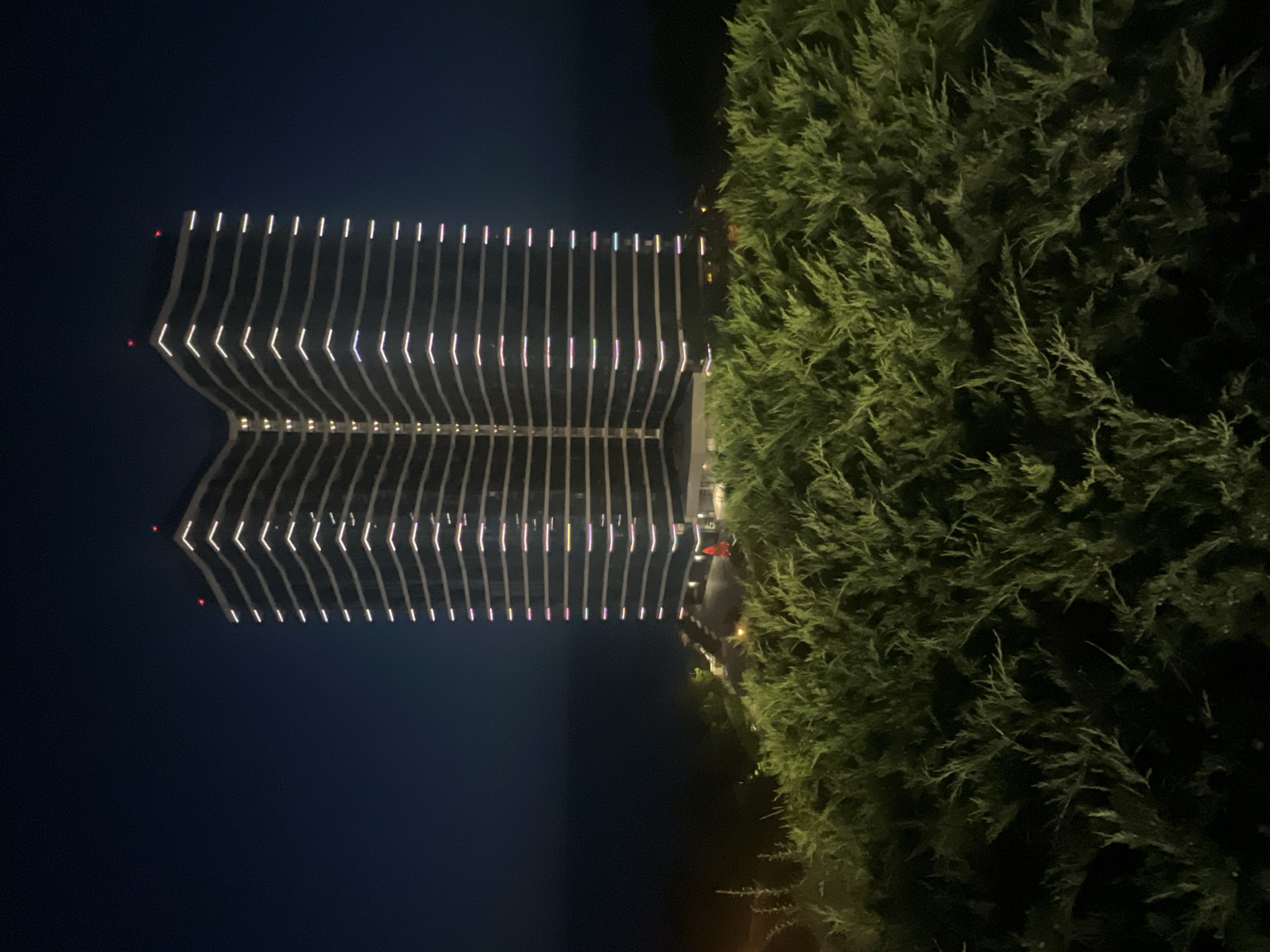 The image captures a nighttime view of the "Arctur" building in Odesa, Ukraine. The building is a tall, modern skyscraper with a distinctive curved facade, illuminated by horizontal bands of white and subtly colored lights along its numerous stories. Two red aviation lights are visible at the very top of the structure. In the foreground, a dense, green bush or hedge occupies the lower portion of the frame, its texture and form rendered somewhat dark due to the low light conditions. Beyond the building, a dark, indistinct expanse suggests a body of water or a darkened landscape under a deep blue night sky. The overall scene is one of urban architecture illuminated at night, set against a dark natural backdrop.