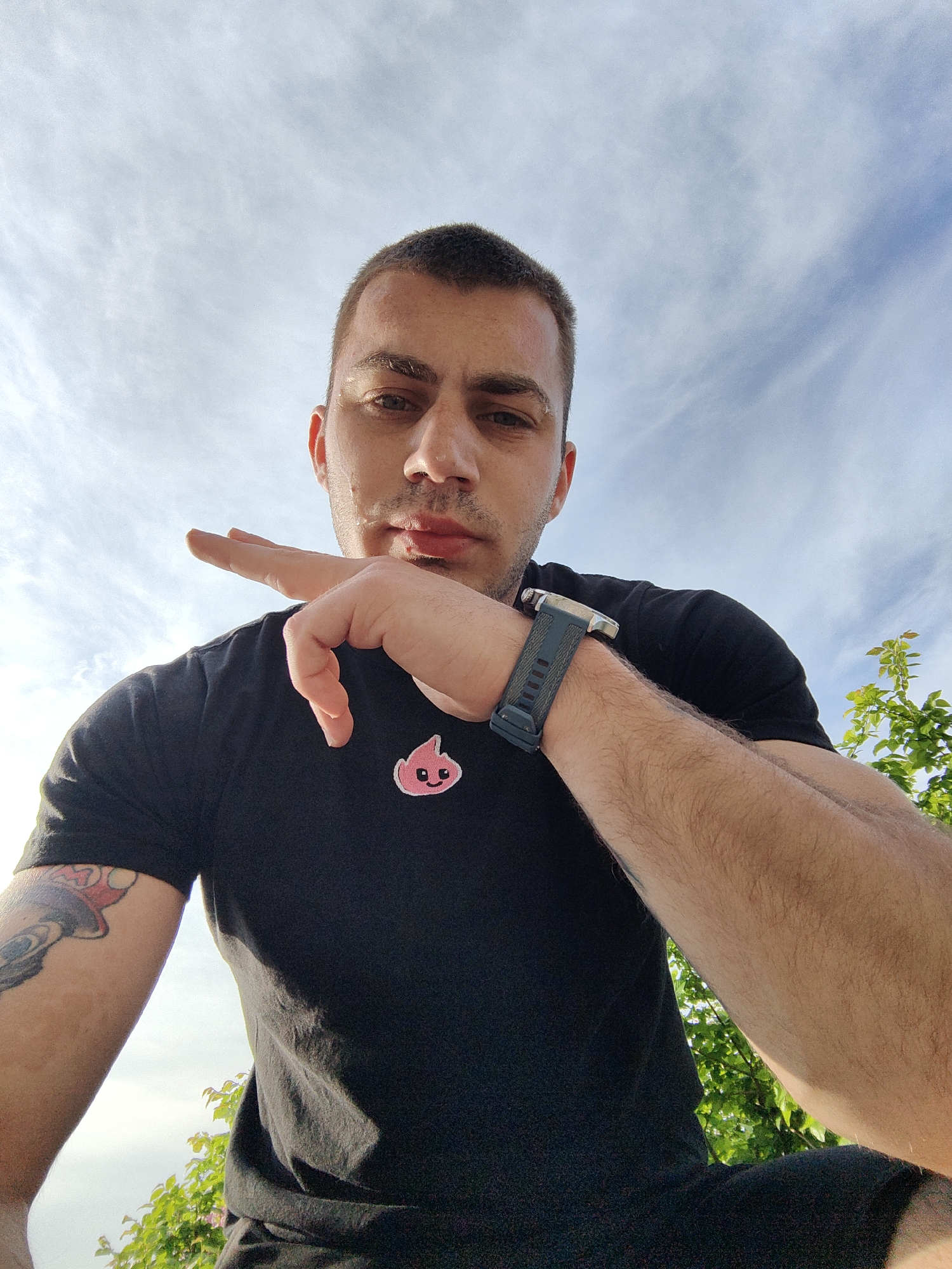 A low-angle, wide shot captures a fair-skinned, male individual wearing a black t-shirt and a watch. The man is outside, positioned above the camera, facing downwards. He is using his left hand to create an artificial border for the shot. The background contains a mix of sky with light clouds and green foliage. The location is indeterminate, since it is difficult to discern the exact geographic context.