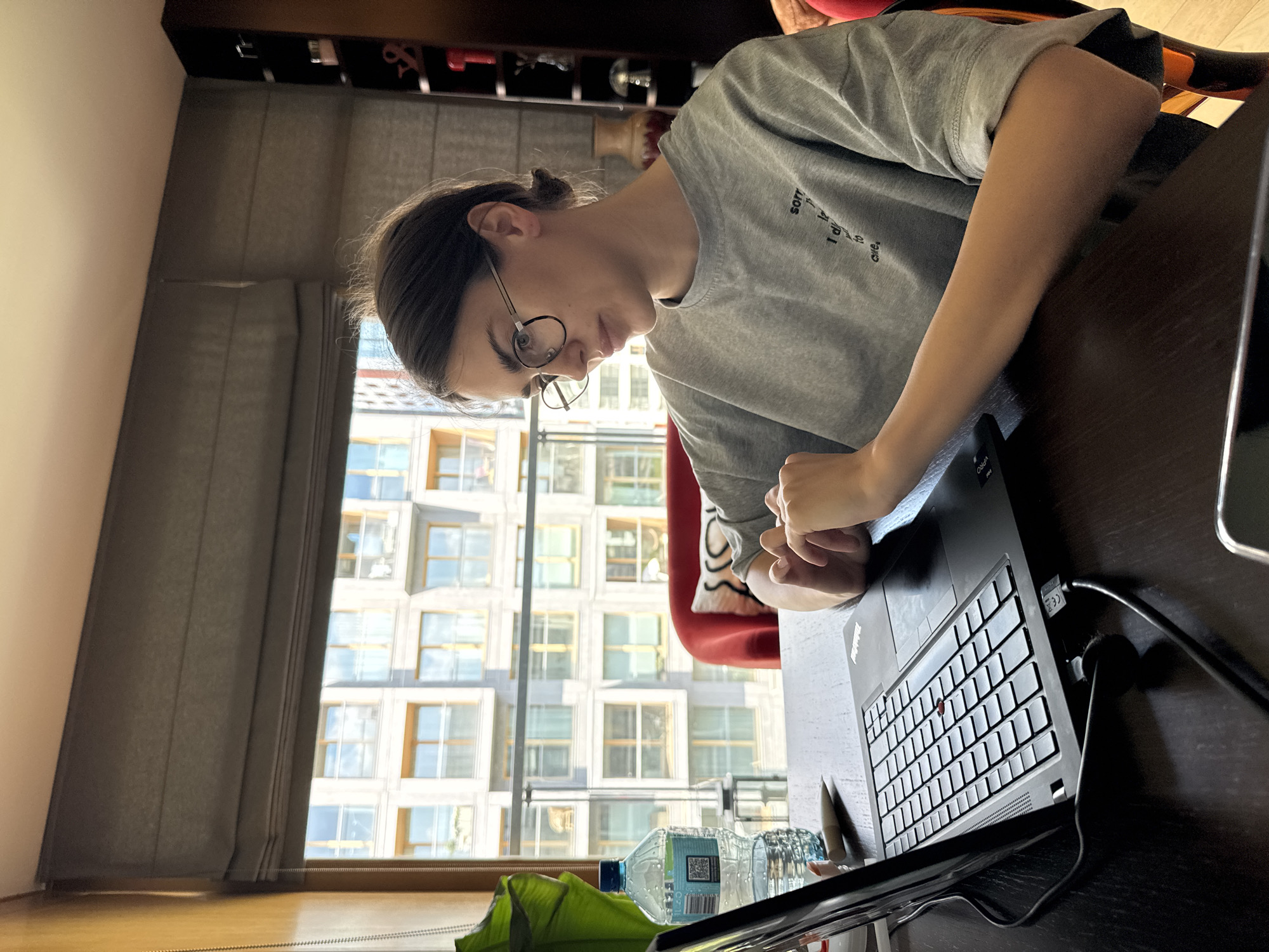 A person with short brown hair and glasses is sitting at a dark wooden desk, looking at a laptop screen. The person is wearing a gray shirt. A laptop is on the desk in front of them. To the left of the desk is a large window, showing a building with many windows, suggesting an urban environment. A bottle of water and a green object are visible near the window. The location is in the city of Unknown, Unknown.