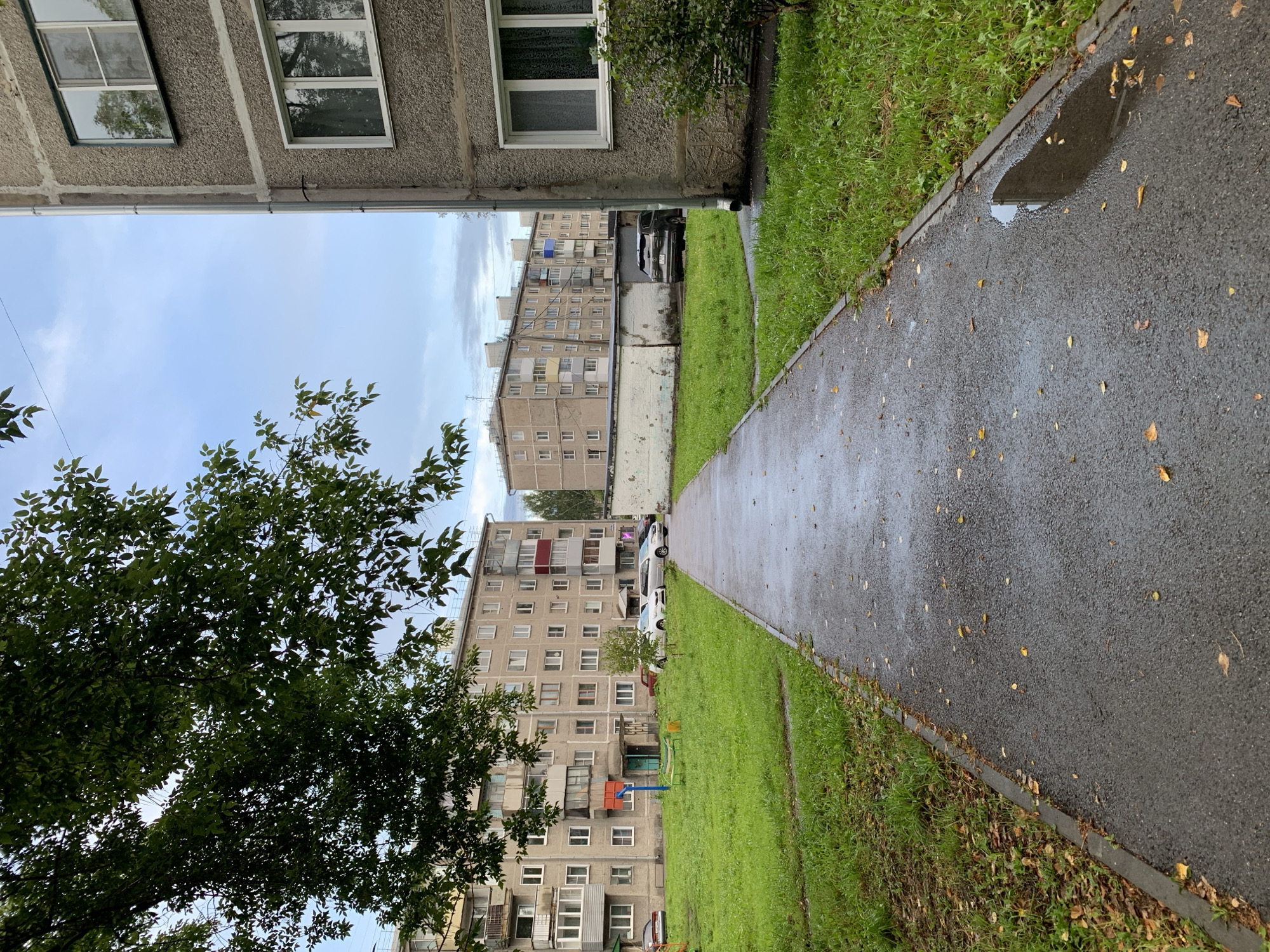 An asphalt pathway runs through a residential courtyard in Prokopyevsk, Russia. The pathway is wet from recent rain and has fallen leaves scattered across it. To the left of the pathway is a patch of green grass with a children's play structure, including a basketball hoop and a green bench. Further to the left, a large tree with dark green leaves partially obscures the view of a multi-story apartment building. This building has a beige facade with numerous windows and balconies. Several cars are parked in the courtyard.
To the right of the pathway, the side of another multi-story apartment building is visible. This building has a textured, gray concrete facade with white-framed windows. A drainpipe runs vertically down the side of this building. Further into the courtyard, a low, white-painted brick wall runs horizontally, partially enclosing a grassy area where a dark-colored SUV is parked. In the distance, additional apartment buildings are visible. The sky above is overcast with a mix of gray clouds and patches of blue. The overall scene suggests a typical urban residential environment in Prokopyevsk after a rainfall.