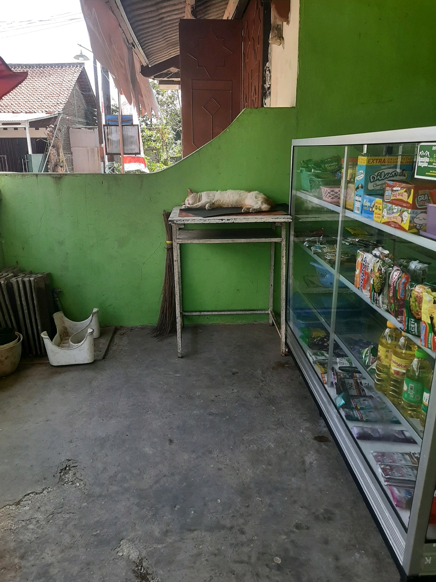 A light-colored cat sleeps on a metal table in front of a green wall. To the right, a glass display case filled with various packaged goods sits on the concrete floor. In the background, a building with a red roof is visible. The scene appears to be an outdoor area, possibly a shop entrance, in Sumampir, Indonesia.