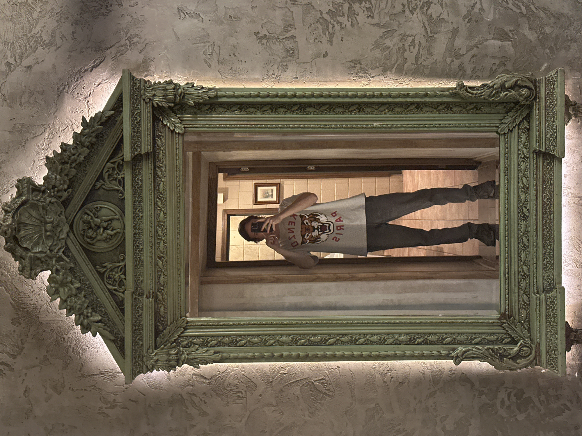 A man takes a selfie in a mirror. He wears a light gray Kenzo t-shirt with a tiger graphic, gray pants, and dark shoes. The mirror is ornately decorated with a vintage frame. The wall behind the mirror is a textured off-white. The hallway reflected in the mirror has beige walls and a framed picture on the far wall. The location is in Sofia, Bulgaria.
