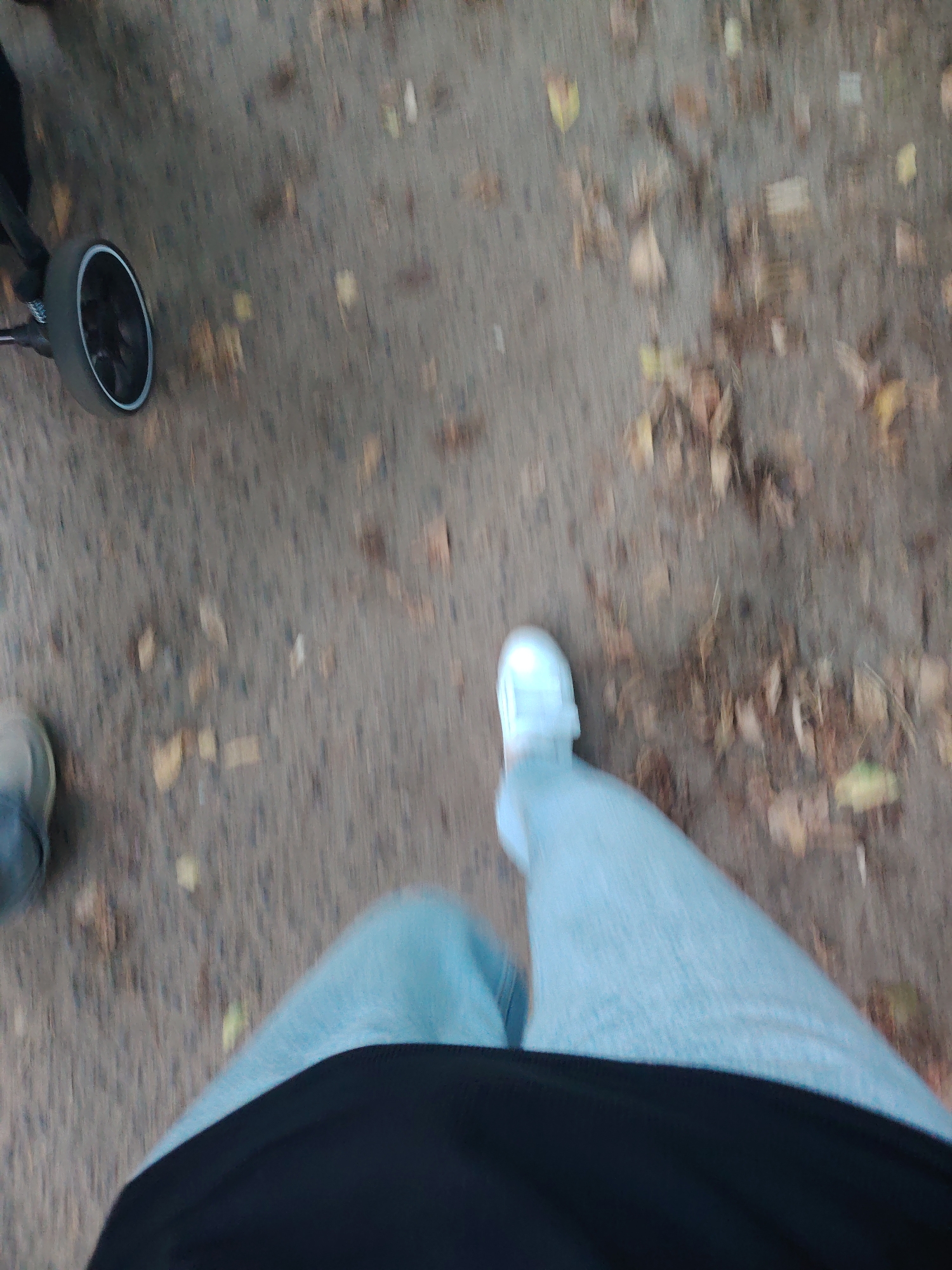 The image captures a ground-level perspective of a person walking on a path in Konakovo, Russia. The path is covered with fallen leaves, indicating an autumn setting. To the left, the wheel of a stroller is visible, suggesting the person may be pushing or accompanying a stroller. The person is wearing light blue jeans and white sneakers, and a dark garment is visible at the bottom of the frame. The overall scene is blurred due to motion, with the focus on the path and the immediate surroundings.