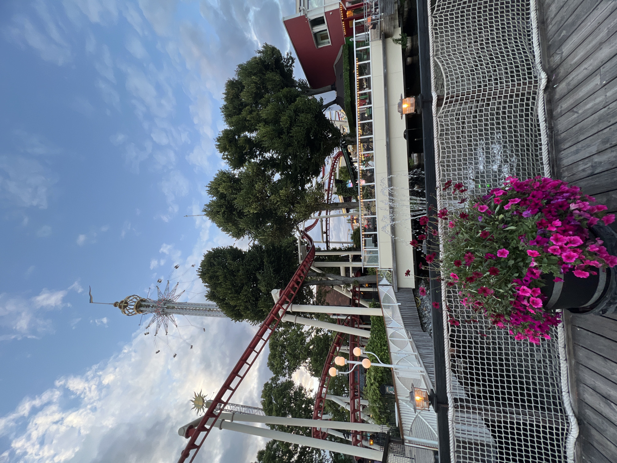 The image depicts an amusement park scene in Stockholm, Sweden. In the background, a tall swing ride with riders can be seen against a cloudy blue sky. In the mid-ground, a red and white roller coaster track winds through the trees. Several tall, leafy green trees are prominent, with a red building visible to the right. A white bridge with a railing and decorative lights spans a body of water. In the foreground, a wooden deck with a white net barrier is visible, and a large planter filled with vibrant pink flowers sits on the deck. The overall impression is of a lively amusement park atmosphere, likely in the evening given the lighting.
