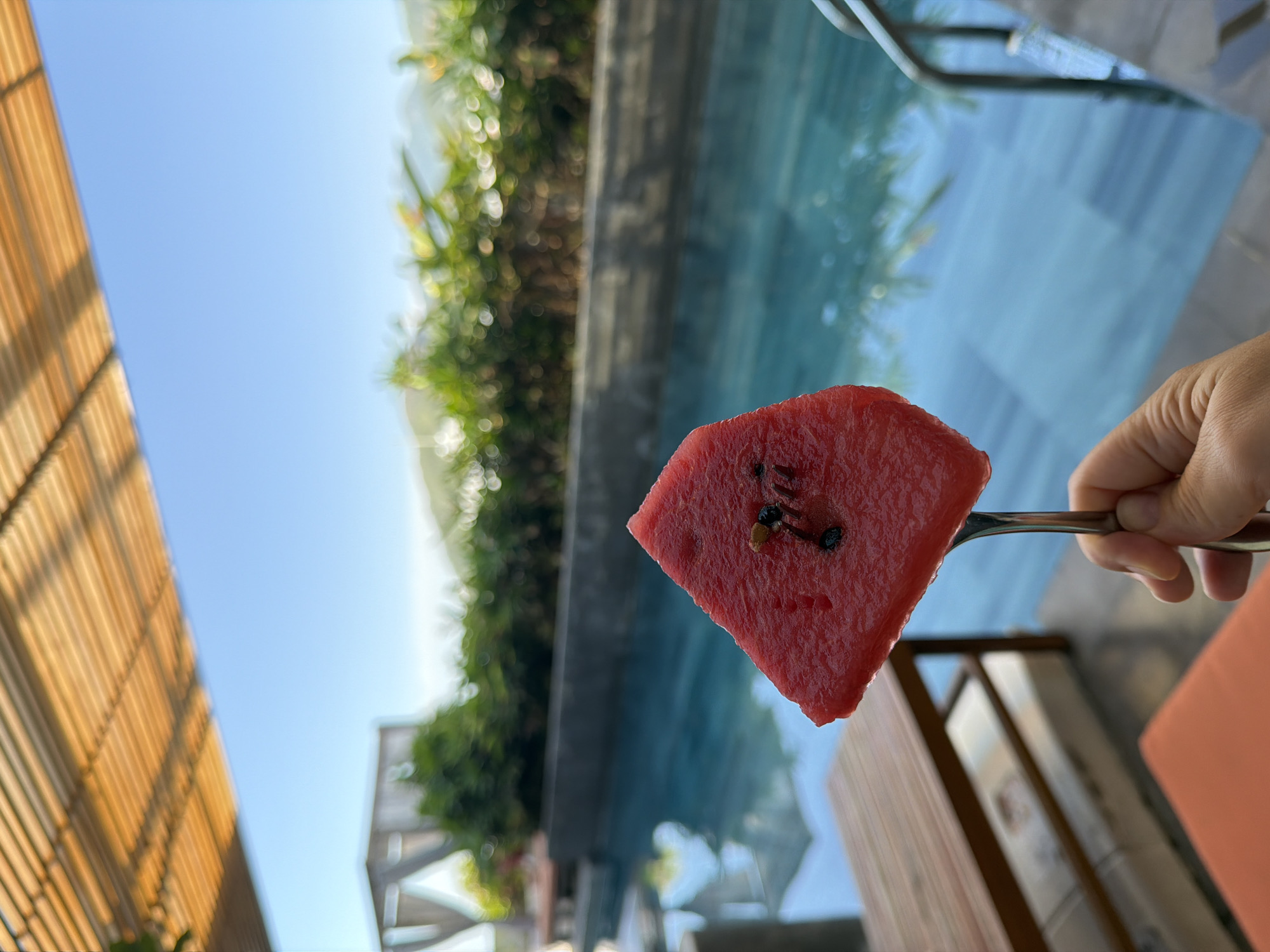 A slice of watermelon is held on a fork in the foreground, in front of a swimming pool. The watermelon is red with black seeds. A person's hand is holding the fork. The swimming pool is blue and appears to be outdoors. In the background, there are green trees, mountains, and a blue sky. There is also a wooden table and chairs. The location is South Quy Nhon Ward, Vietnam.