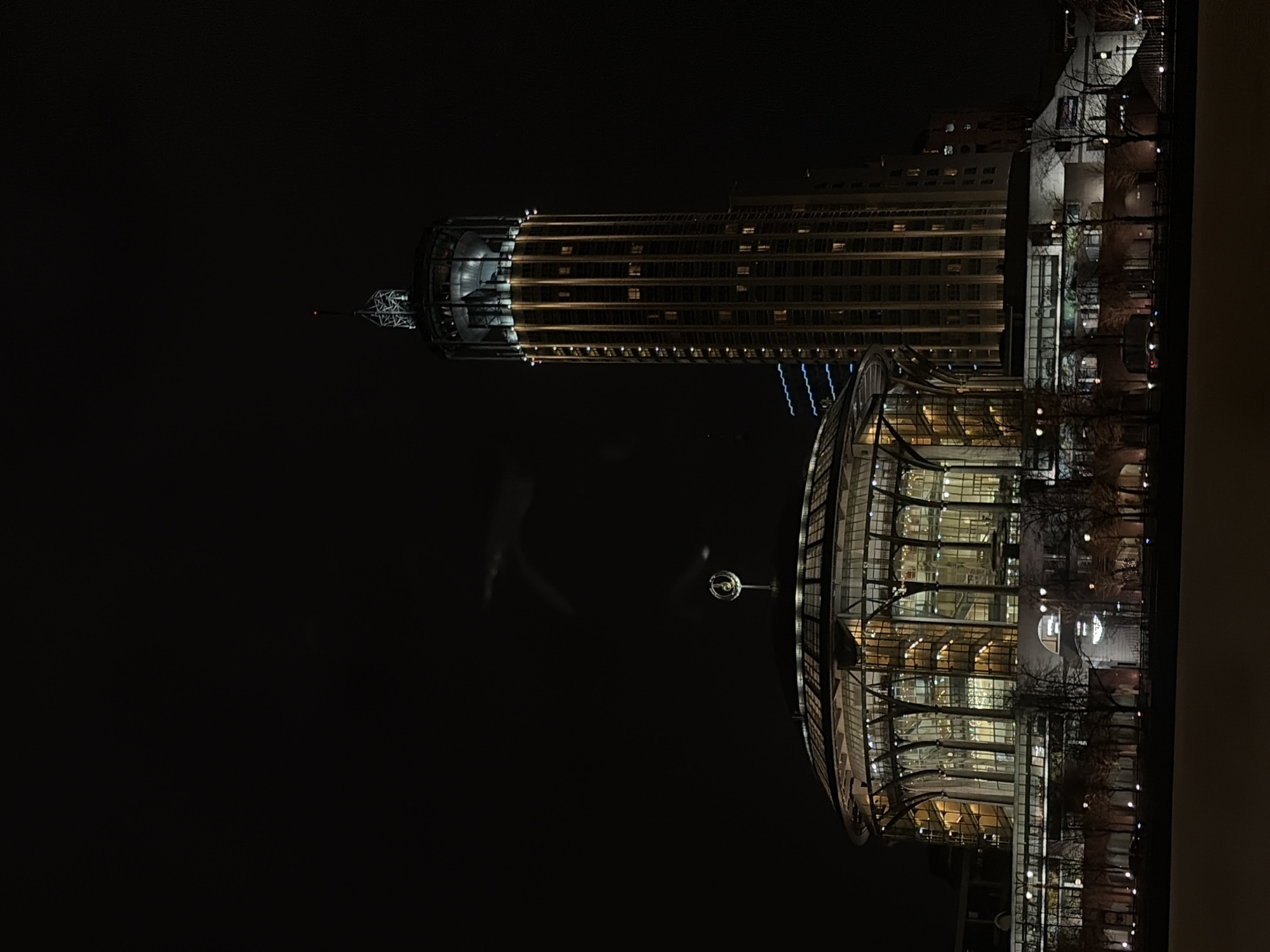 The image displays a nighttime scene in Moscow, Russia, featuring two prominent illuminated architectural structures. On the left, the Zaryadye Concert Hall, situated within Zaryadye Park, is visible as a large, multi-story, circular building with an extensive glass and metal facade. Its interior is brightly lit, revealing internal staircases and structural elements. A distinctive golden, stylized emblem, consistent with the Coat of Arms of Moscow, crowns its central dome. To the right stands the Swissôtel Krasnye Kholmy tower, located on Kosmodamianskaya Embankment. This is a tall, slender skyscraper, characterized by a predominantly dark facade accented by vertical illuminated light strips extending up its height. Its upper section is distinctly illuminated, featuring an intricate, open framework structure at its very top. Scattered interior lights are visible through the building's windows.
In the midground, a line of leafless deciduous trees with visible branches is present, interspersed with several streetlights casting pools of warm light onto what appears to be an embankment or pathway. Further back, hints of other structures with blue linear lighting are partially visible behind the main buildings. The foreground consists of a dark, undifferentiated horizontal expanse, likely a body of water or a distant bank. The sky above is dark, with faint, hazy atmospheric conditions or reflections visible in the upper-mid section. No discernible people or specific actions are visible in the scene.