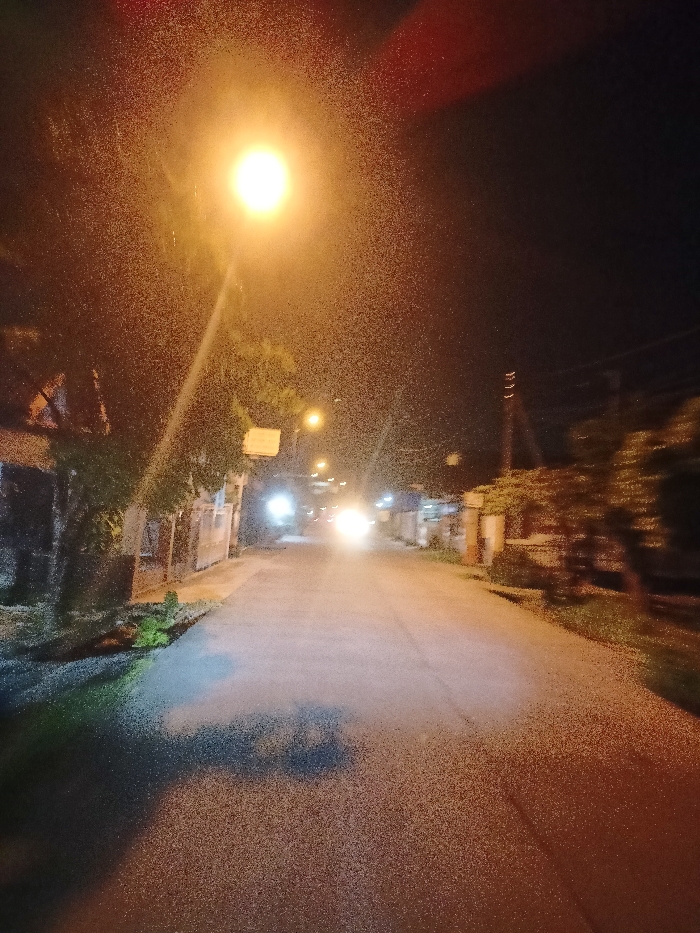 The image presents a night-time street scene in Mojosari, Indonesia. The paved road, which appears wet or reflective, stretches into the distance, flanked by partially visible houses or buildings and trees on both sides.
A prominent, bright yellow street lamp in the upper-left dominates the immediate foreground, casting a warm glow across the scene. Further down the road, additional street lights and the intense headlights of an approaching vehicle are visible, creating luminous points of light against the dark backdrop.
A striking detail is the multitude of small, bright specks diffused throughout the entire image, most noticeably illuminated by the light sources. These specks suggest the presence of rain falling on a camera lens or window, dust particles in the air, or insects drawn to the lights, contributing to a slightly hazy or textured atmosphere. The sky is dark, indicating a clear night above the illuminated street. No people or discernible text are visible. The scene portrays a quiet, nocturnal environment, characteristic of a residential or semi-urban area.