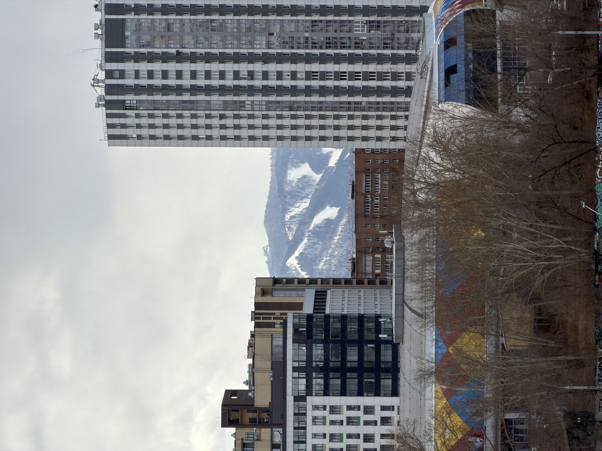 The image shows a view of the city of Krasnoyarsk, Russia. The perspective is angled, with the top of the frame dominated by a tall, rectangular building with a grid-like pattern of windows. Below and slightly behind this building, a mountain range is visible in the distance, with snow-covered patches.
In the foreground, there are several modern buildings with varying architectural styles, including glass facades and different colors. In the right side of the frame, a building with colorful geometric patterns can be observed. Leafless trees are interspersed among the buildings, adding a wintry feel to the scene.