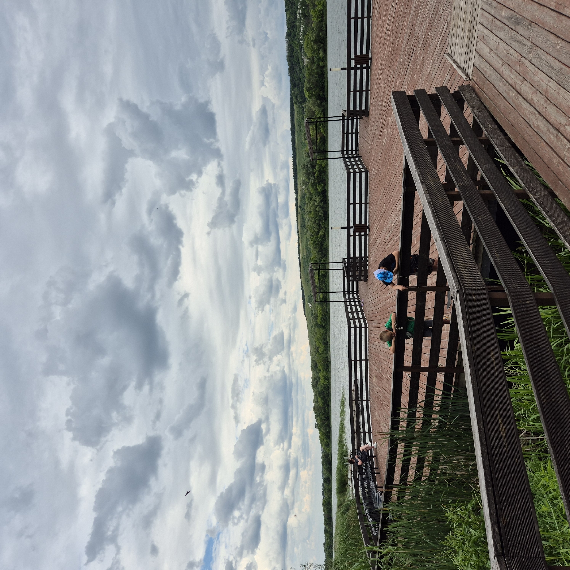 The image shows a wooden pier on a cloudy day with a body of water and lush green hills in the background. Two young boys are standing at the edge of the pier, looking down. One boy is wearing a green t-shirt and the other is wearing a black t-shirt and a blue cap. A woman is sitting on a bench further down the pier, looking at her phone. Reeds and tall grass grow along the edge of the pier. The sky is filled with dramatic, grey clouds.