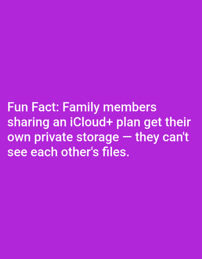 The image is a photograph of text on a purple background. The text reads "Fun Fact: Family members sharing an iCloud+ plan get their own private storage - they can't see each other's files." There is no information about the location in Lagos, Nigeria.