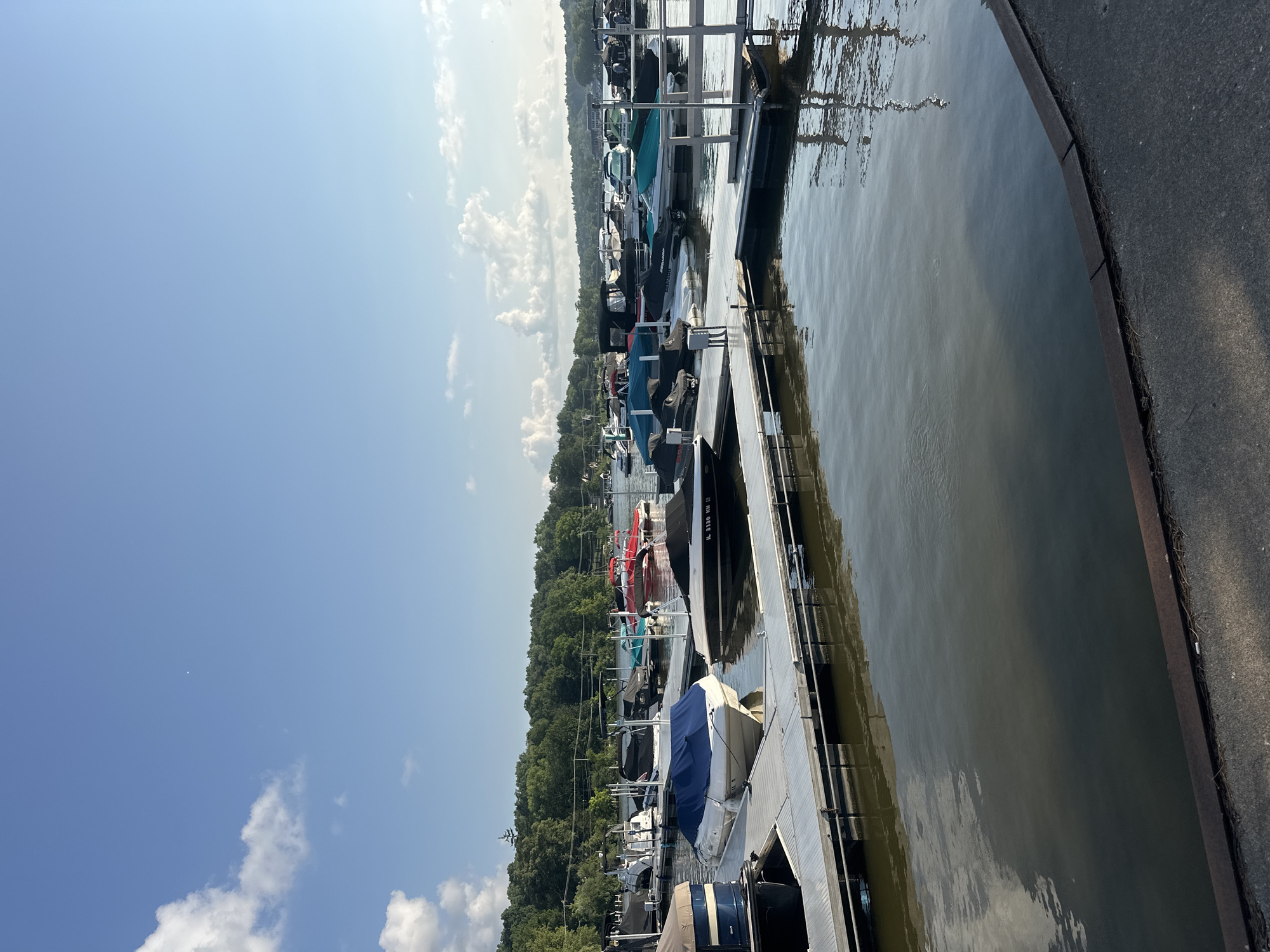 The image depicts a marina with several boats docked on a calm body of water. The boats are of various sizes and types, with some covered and others uncovered. The marina appears to be situated in a natural setting, with trees lining the background and a clear blue sky with scattered clouds overhead. The water reflects the sky and the surrounding environment, creating a serene atmosphere. The scene is peaceful and orderly, suggesting a well-maintained recreational area.