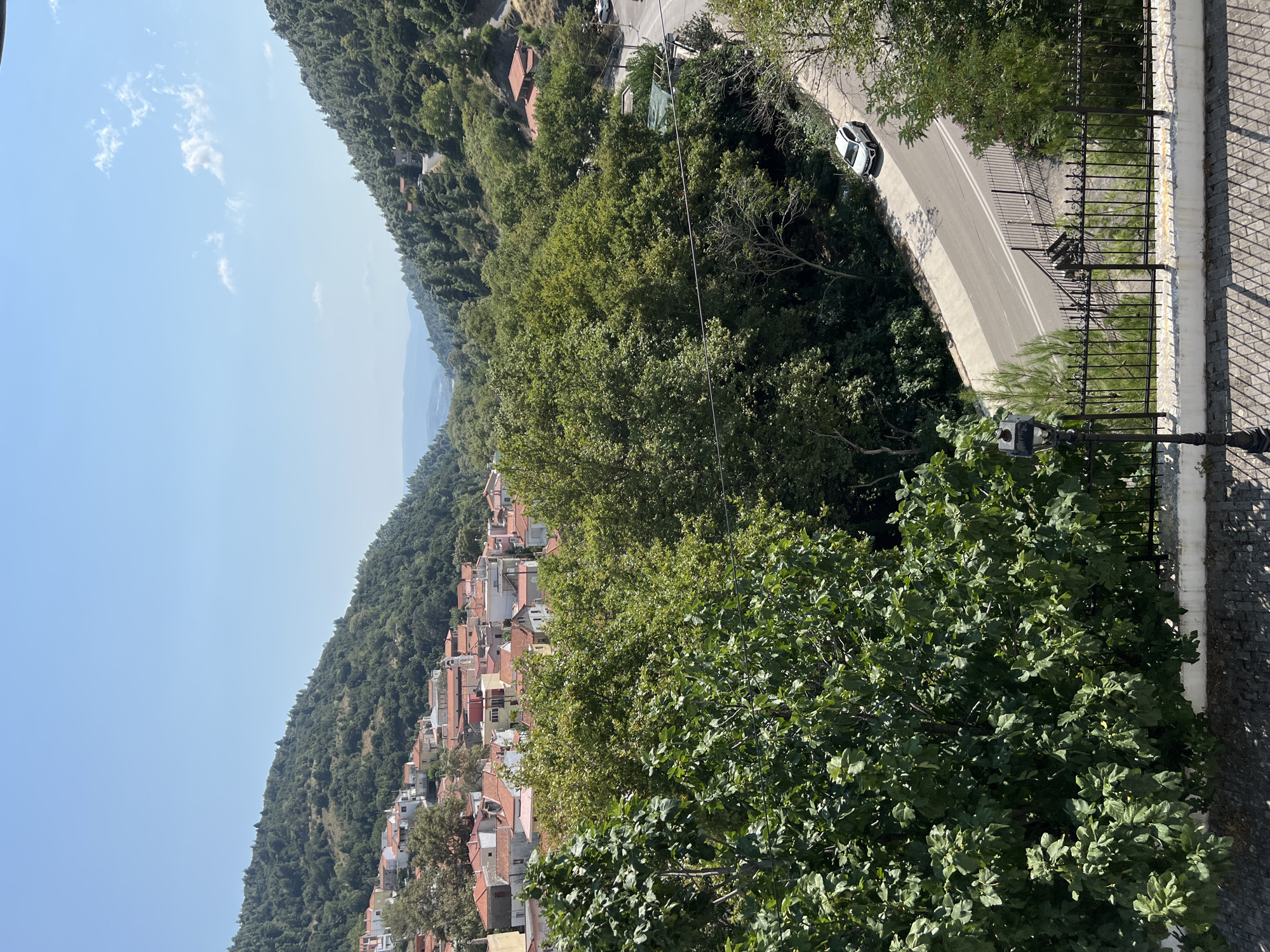 The image captures a view of the village of Stení Dírfyos, Greece, nestled in a valley between verdant, tree-covered mountains. A cluster of houses with terracotta roofs forms the village in the mid-ground, situated on the left-hand hillside. A winding road, marked with white lines, descends through the trees on the right side of the frame, with a white SUV visible driving on it. The foreground features a section of a white wall topped with a black metal fence, behind which a mature, leafy tree dominates the left side of the image. A black lamppost stands near the fence. The sky is clear blue with a few scattered white clouds, suggesting a sunny day. The landscape is characterized by lush green vegetation, indicative of a mountainous, rural setting.