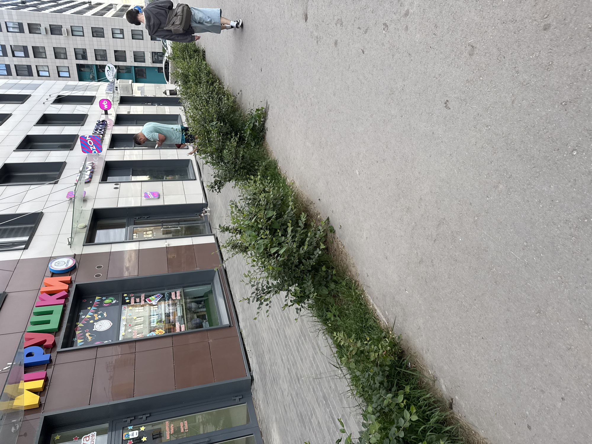 The image shows a sidewalk in front of a row of shops in Perm, Russia. The shops have colorful signs, including "ИГРУШКИ" (Toys) and logos for "OZON" and "WB" (Wildberries). Two people are visible on the sidewalk: one man in a light blue t-shirt and shorts is looking at his phone, and another person in a dark hoodie and denim shorts is walking away from the camera. A small dog is also present near the man. Green bushes line the sidewalk, and a modern apartment building is visible in the background. The pavement is made of grey concrete slabs.