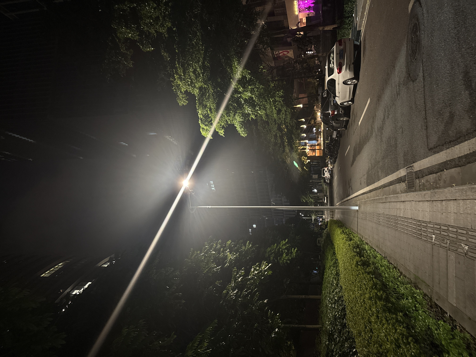 This is a nighttime photograph taken in Haizhu District, China, likely during humid weather given the mist and glow from the streetlights. The image is oriented vertically.
The scene depicts a street with a sidewalk and a row of parked cars and motorcycles. A white SUV is parked closest to the camera on the right side of the street, followed by several motorcycles and another dark-colored car. The street itself is paved, with a white line marking the lane. To the left of the street is a sidewalk with a textured surface, indicating it's designed for accessibility. Adjacent to the sidewalk is a neatly trimmed green hedge.
The left side of the image is dominated by lush green trees that obscure most of the buildings behind them. A bright streetlamp is prominent in the frame, casting a strong beam of light that creates a noticeable lens flare and illuminates the mist in the air. In the background, buildings can be seen, some with lit windows, suggesting it's a developed urban area. The overall mood is quiet and atmospheric, characteristic of a city street at night. There is no visible text in the image.